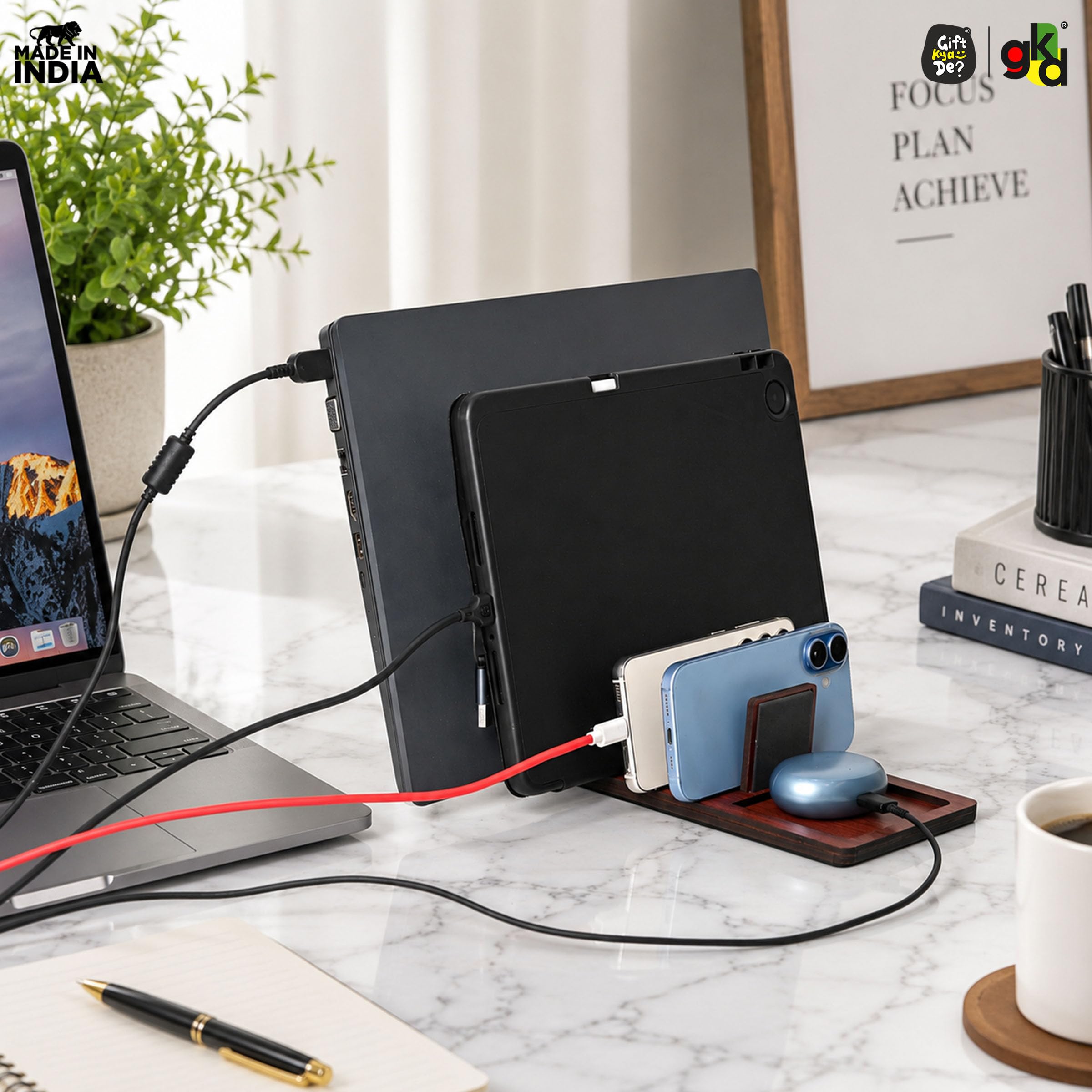 GKD Laptop Stand, Tablet Stand, Mobile, and Power Bank, All in One Multi Device Charging Station and Organizer, Laptop Stand Holder, New Year Gift for Him - Dark Wood 4