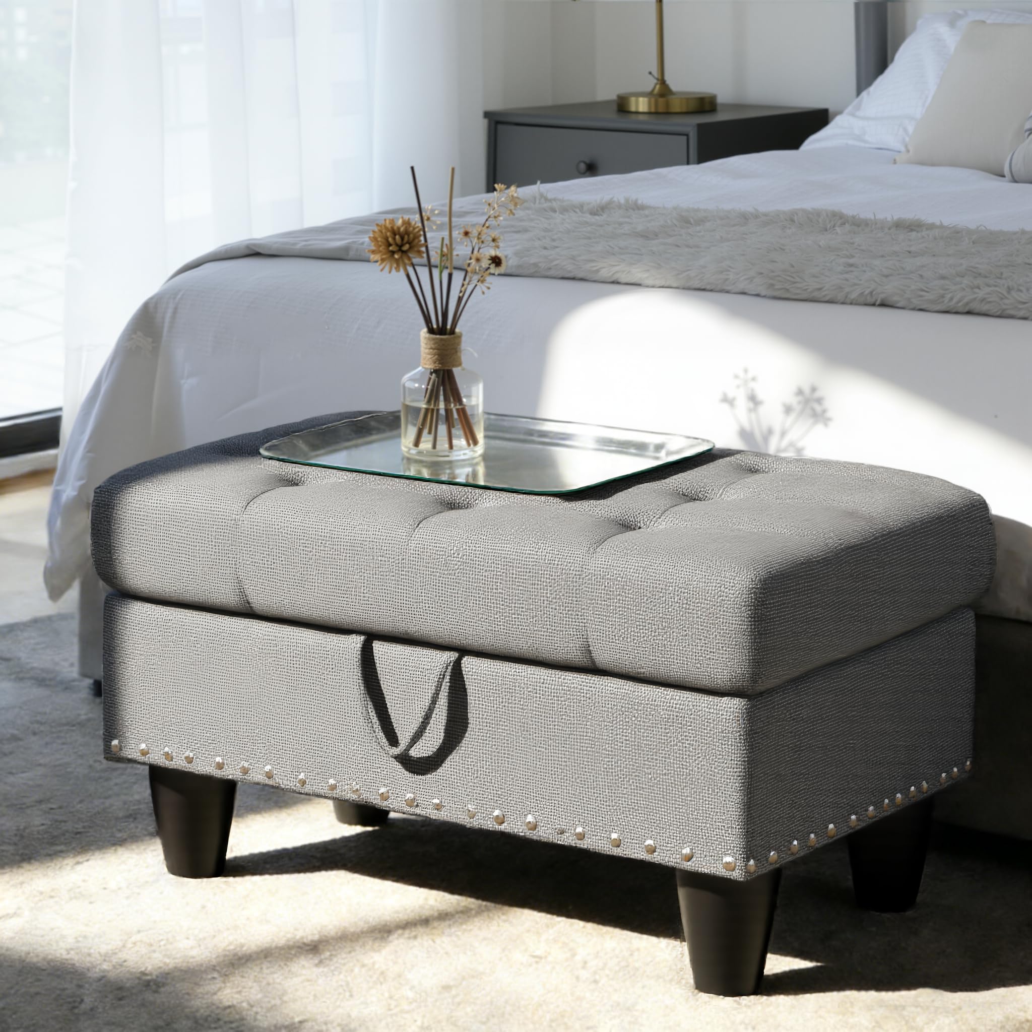 Linen Living Room Ottoman With storage, 28.5'' Upholstered Entryway Bench, End of Bed Storage Bench, Small Ottoman Foot Rest With Sturdy Leg And High Density Sponge, For Living Room, Bedroom, Entryway