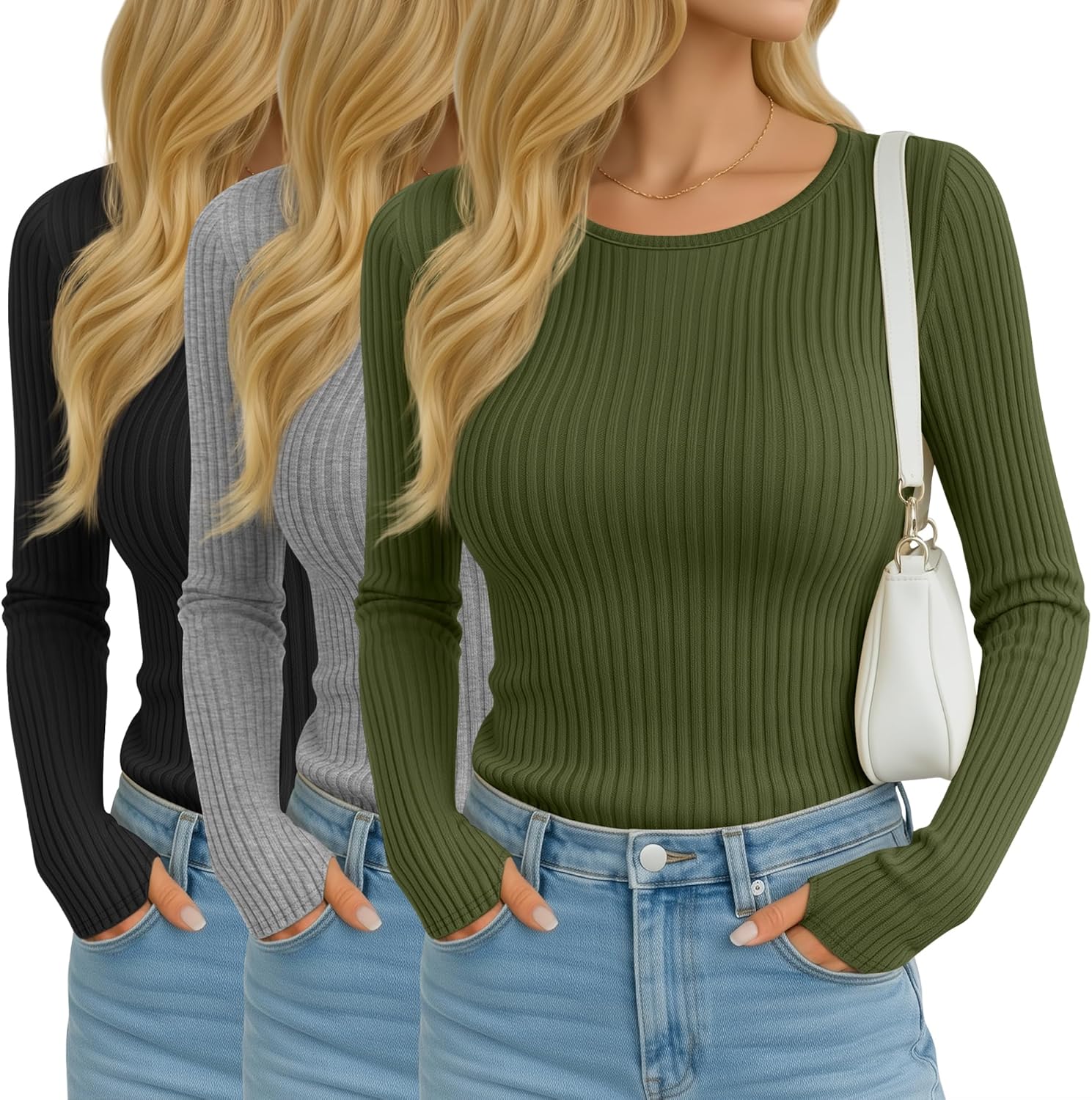 3 Pack Women's Ribbed Long Sleeve Tops Crew Neck Slim Fit Cotton Shirt Basic Casual Tee with Thumb Hole