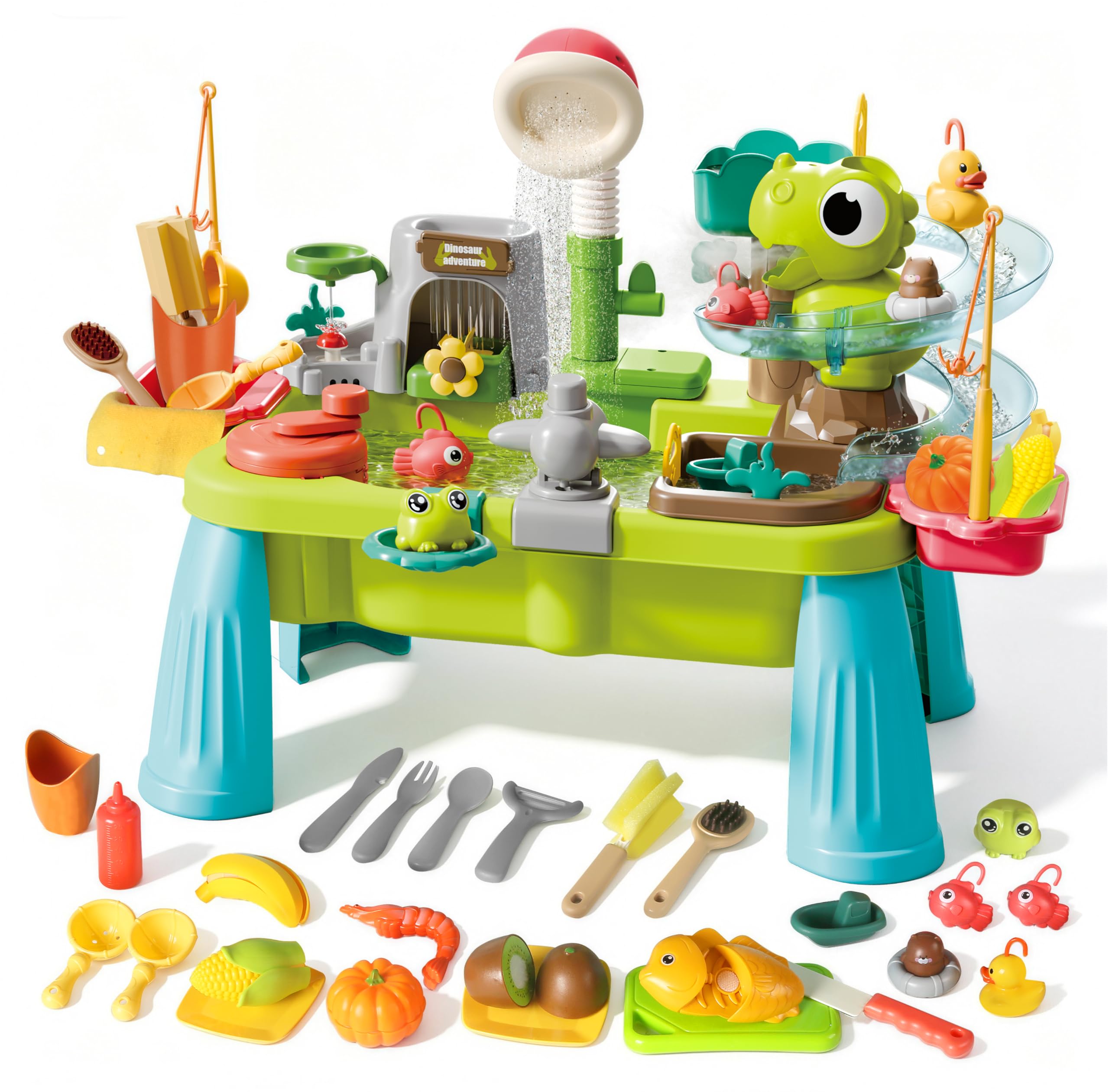 Yrkidstoi Water Table for Children, 12-in-1 Dino Mist Spray Water Park with Pump, Toddler Water Play Table with Kitchen Play Sink – Kids Watertable for Garden Summer Outdoor Play