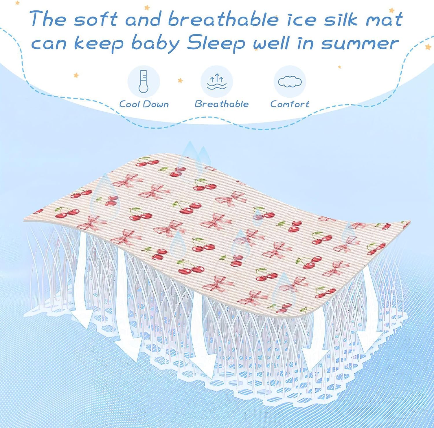 Baby Cooling Mat Cherries Pink Bows Ice Silk Breathable Mesh Summer Crib Mattress Pad with Pillowcase, Soft Cooling Sleeping Surface for Infant & Toddler, 52"x28"