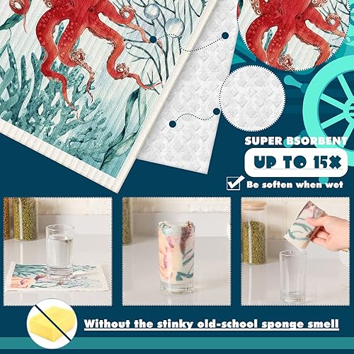 Miniatura 4 de Cunhill 6 paños de cocina suecos, paños de cocina reutilizables, esponja, paños de limpieza, toallitas absorbentes, paños de cocina de secado