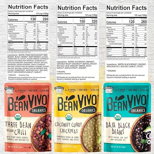 Miniatura 2 de BeanVIVO - Variedad de 3 paquetes (10 onzas cada uno) - Frijoles negros orgánicos Baja, chile vegano de tres frijoles, garbanzos al curry de coco -