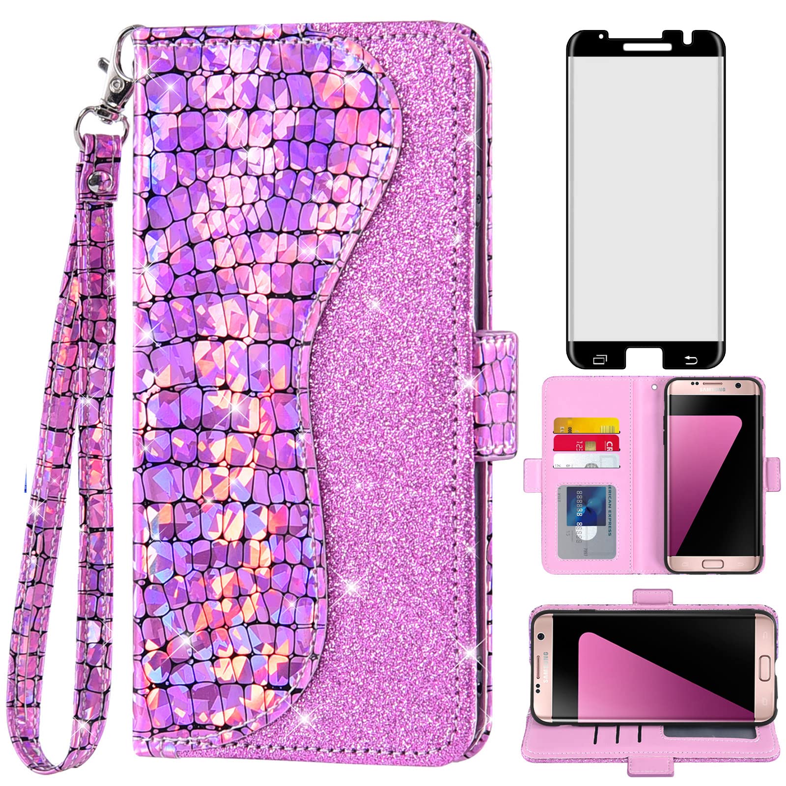 AsuwishPhone Case for Samsung Galaxy S7 Edge Wallet Cover with Screen Protector and Flip Card Holder Bling Glitter Stand Cell Glaxay S7edge Gaxaly S 7 Plus Galaxies GS7 7s 7edge Women Girls Pink