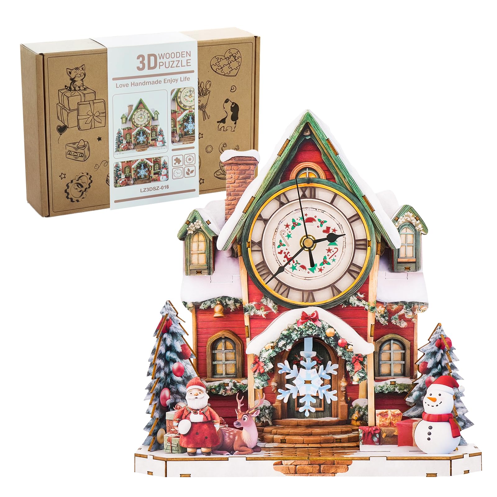 Orologio puzzle 3D a forma di casa di Natale, kit modello in legno per adulti, orologio da parete a pendolo con movimento silenzioso, decorazione natalizia per la casa e regalo per gli