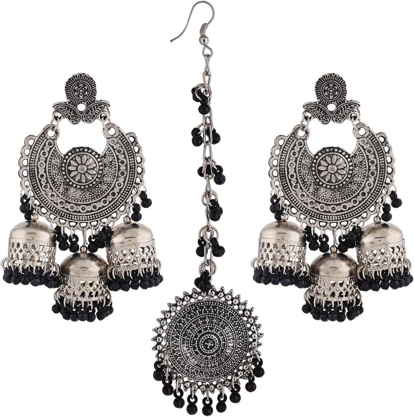 Latest Oxidised Silver Antique Design Stylish Traditional Maang Tikka Jhumka Earrings Jewellery Set for Women