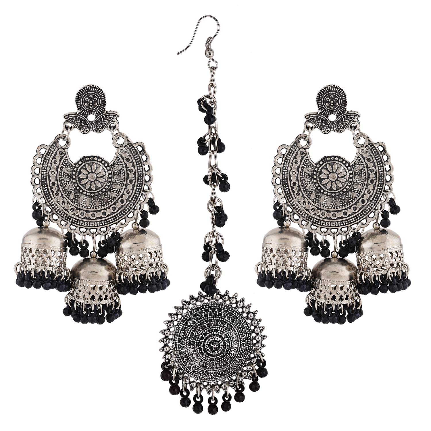 Latest Oxidised Silver Antique Design Stylish Traditional Maang Tikka Jhumka Earrings Jewellery Set for Women