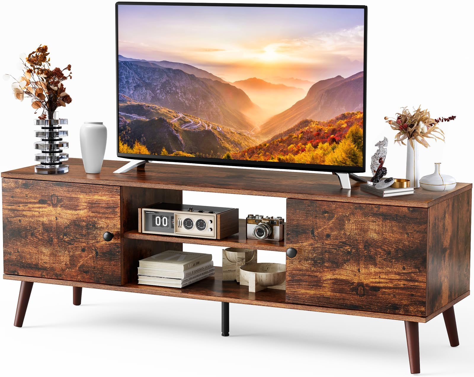 Sweetcrispy TV Stand for 55 60 inch TV, Modern Mid Century Entertainment Center with Storage Cabinet, Media Console Table for Living Room, Soft Hinge, Handle Door, Wooden Office Furniture, Brown