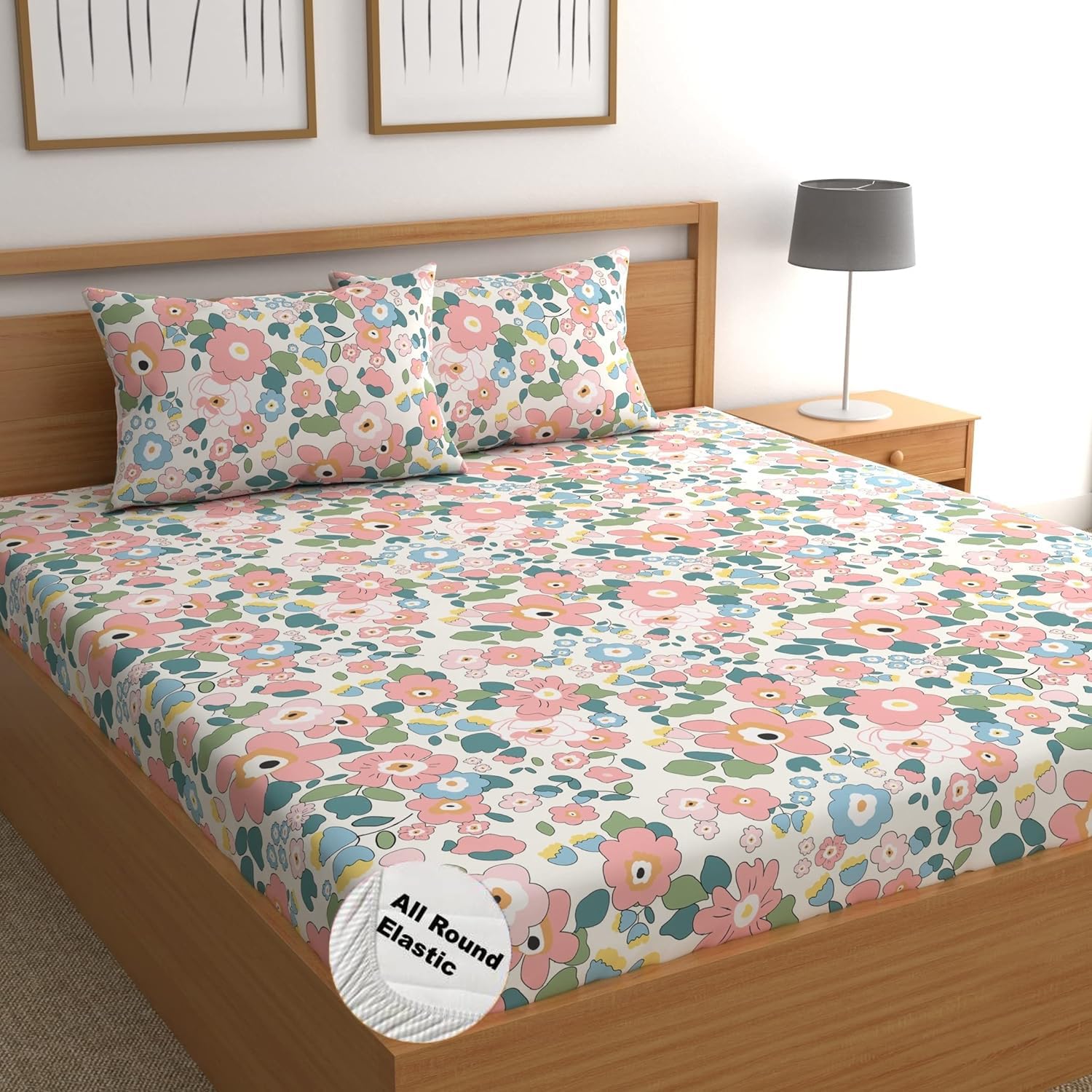 DECOMIZER 300 TC Cotton Feel Glace Cotton Elastic Fitted Printed King Size Double Bed Bedsheet with 2 Pillow Coverm Fits Upto 8 inches Mattress,Size- 72x78x10 Inches,Pink Flower