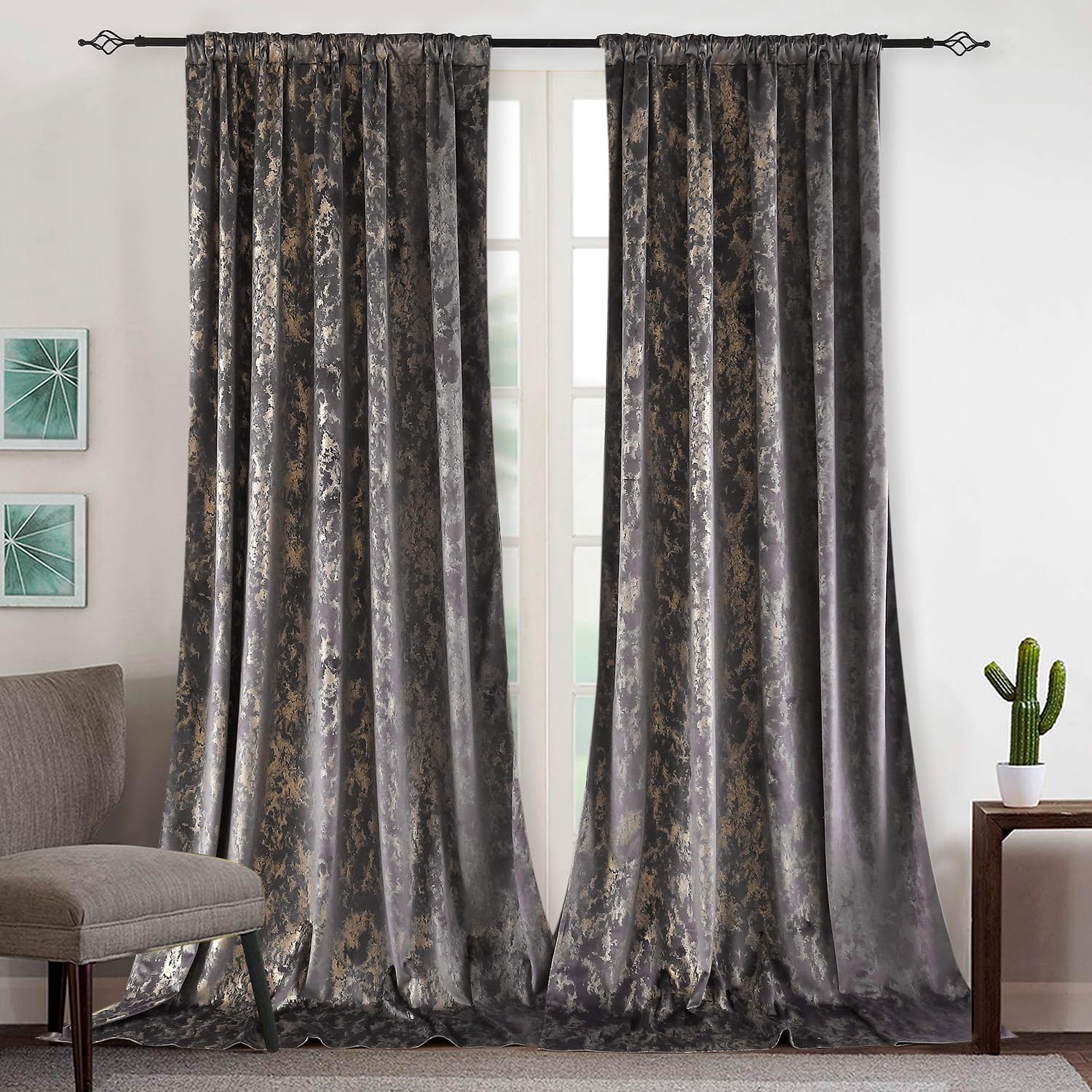 Cortinas opacas de terciopelo para sala de estar con estampado de hojas