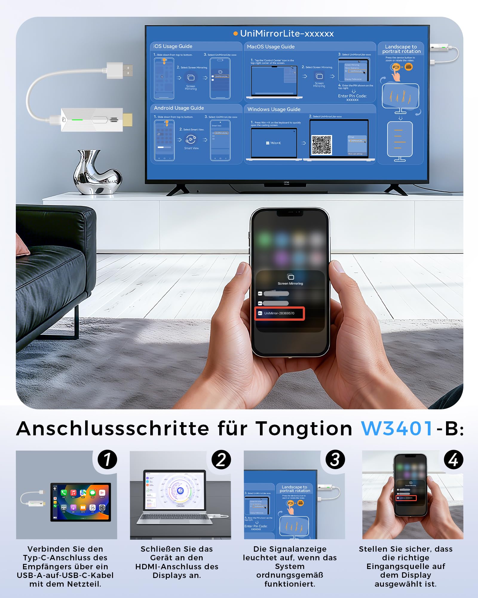 Wireless Display Dongle Adapter HDMI 1080P@60Hz, 5GHz AirPlay/Miracast für TV/Projektor (kompatibel mit Smartphone, Tablet, PC/Mac)