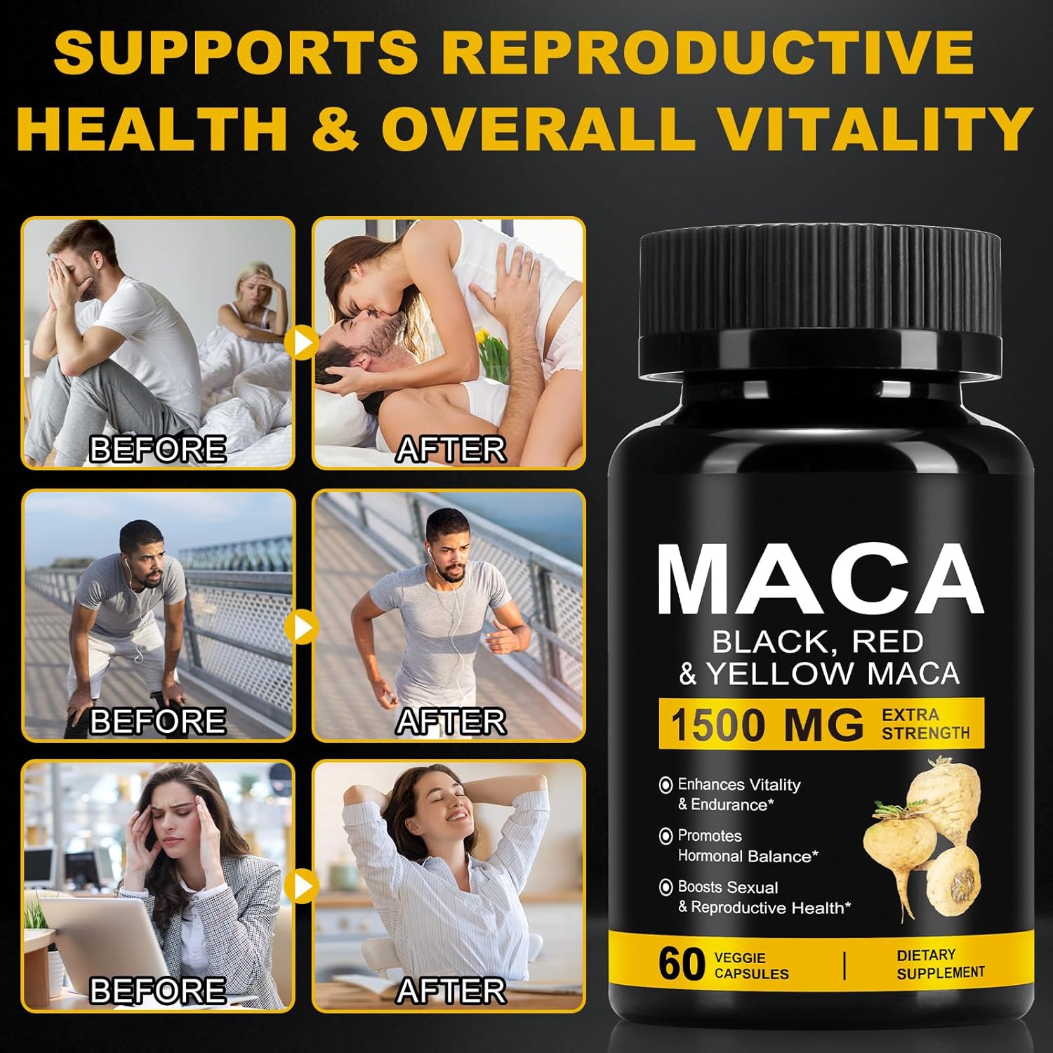Organic Maca Root Powder Capsules 1500 mg with Black + Red + Yellow Peruvian Maca Root Extract Supplement for Men and Women - 60 Vegan Capsules - Image 6