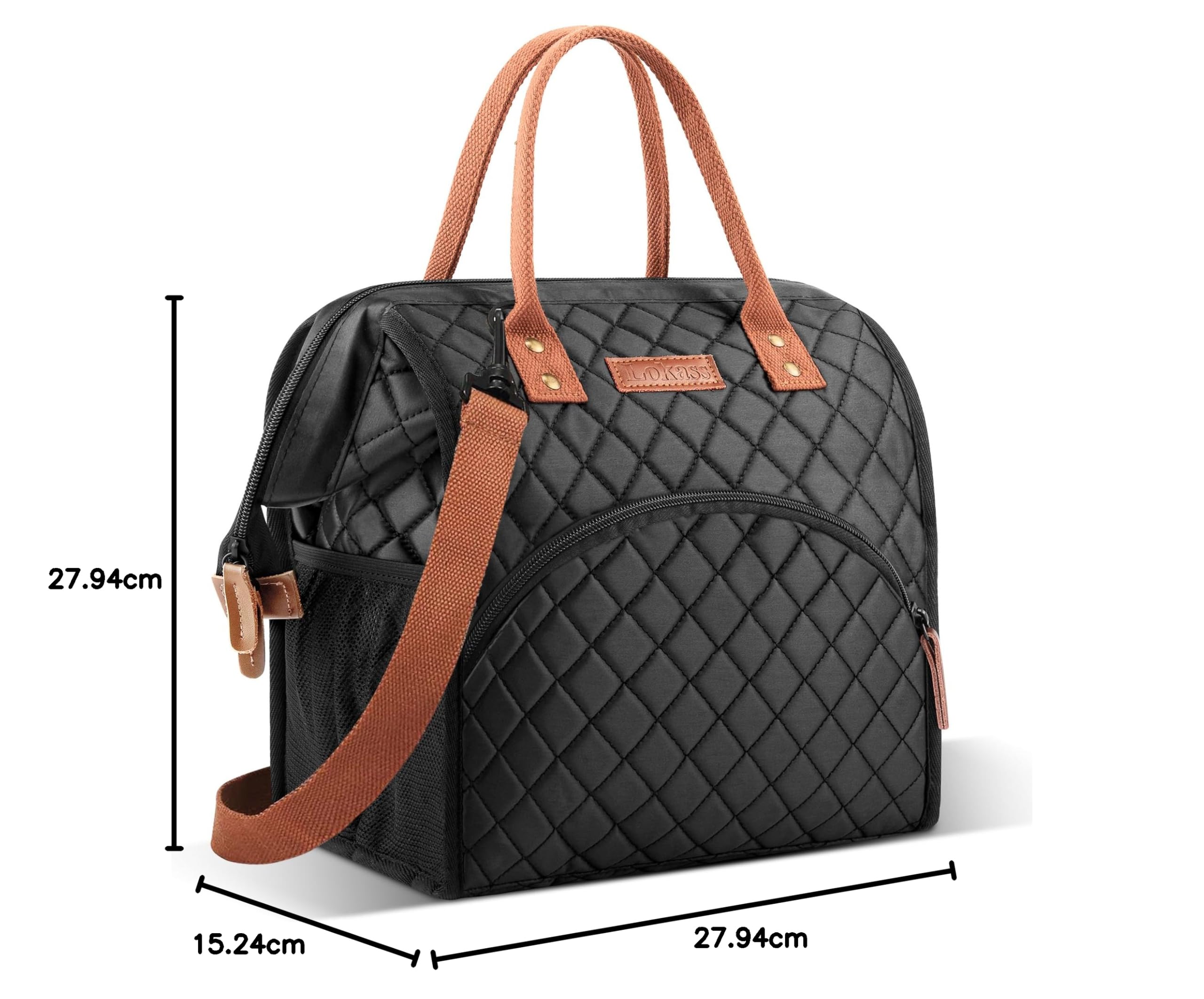 LOKASS Borsa termica per il pranzo, borsa per il pranzo con ampia apertura e tracolla rimovibile, per donne/uomini adulti, lavoro, picnic, escursionismo, spiaggia, pesca (nero)