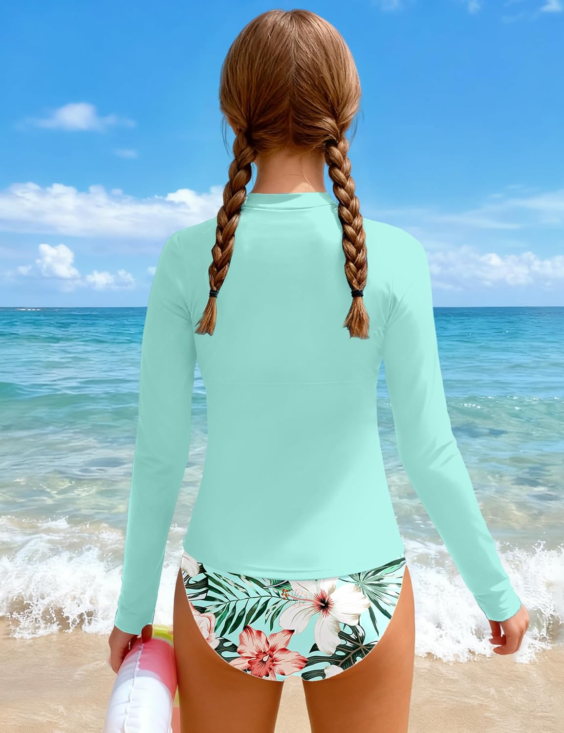Girls Rash Guard Swimsuit Half-Zip Long Sleeve Modest Bathing Suit with Chest Padding 2Pcs Teen Girl Swimwear UPF 50+