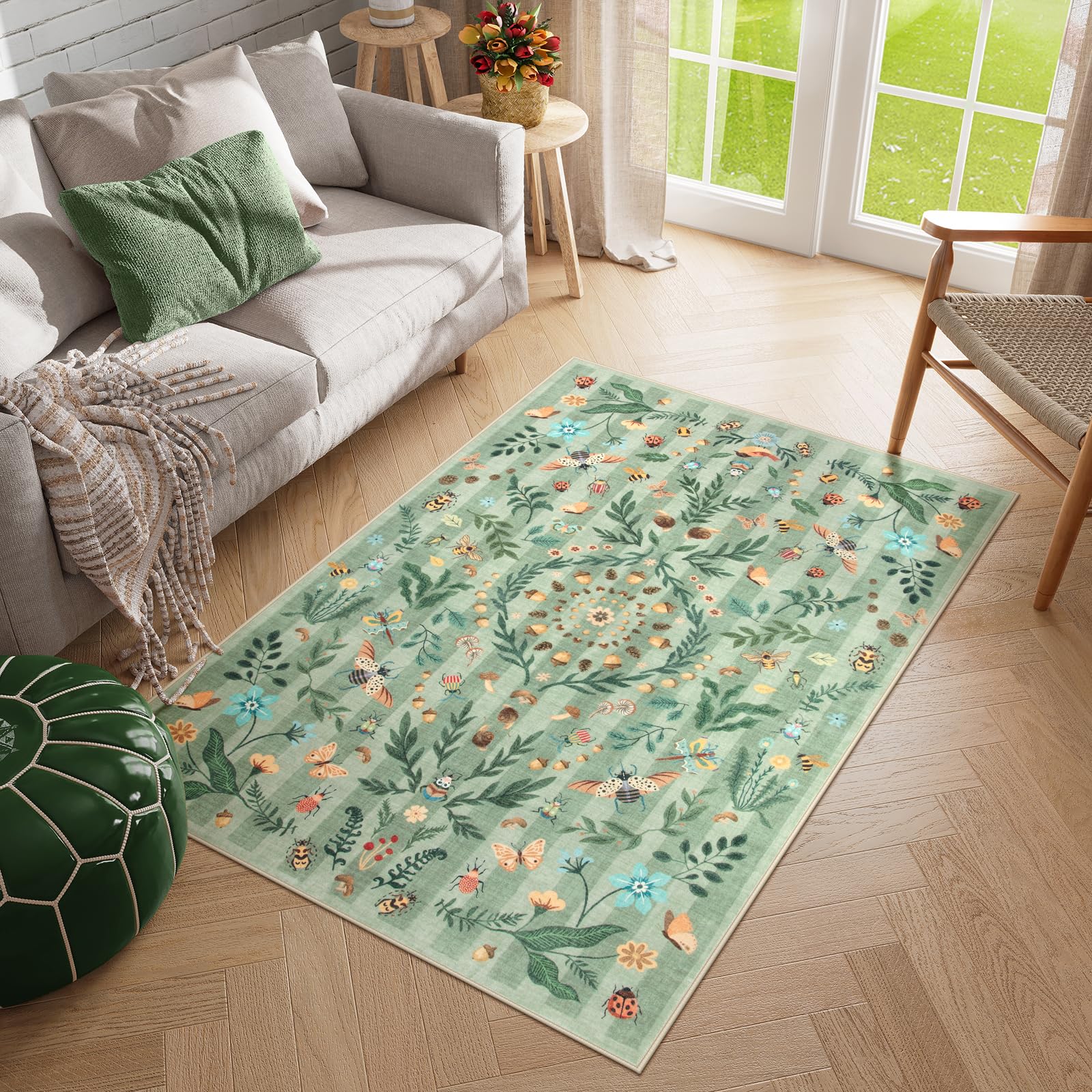 Lahome Insect Botanical 3x5 Washable Rugs for Entryway Soft Rug for Bedroom, Green Kitchen Rugs Non Slip Washable, Boho Floral Indoor Throw Carpet for