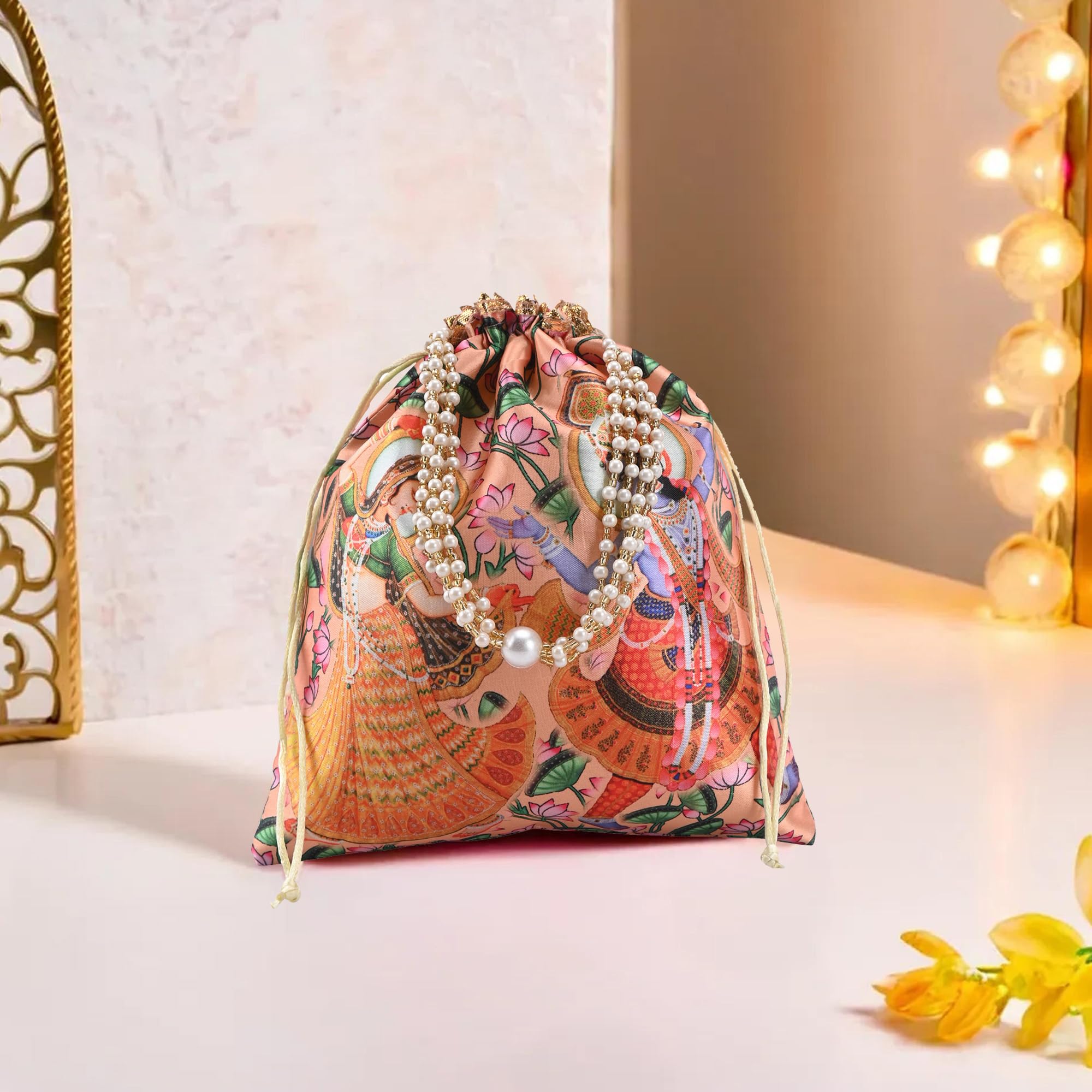 Kuber Industries 8x9 Inch Potli Bag For Women & Girls With Pearl Handles | Gifting Handbag/Purse - Ideal For Party, Wedding & Events | Radha Krishna Print - Peach-image-42