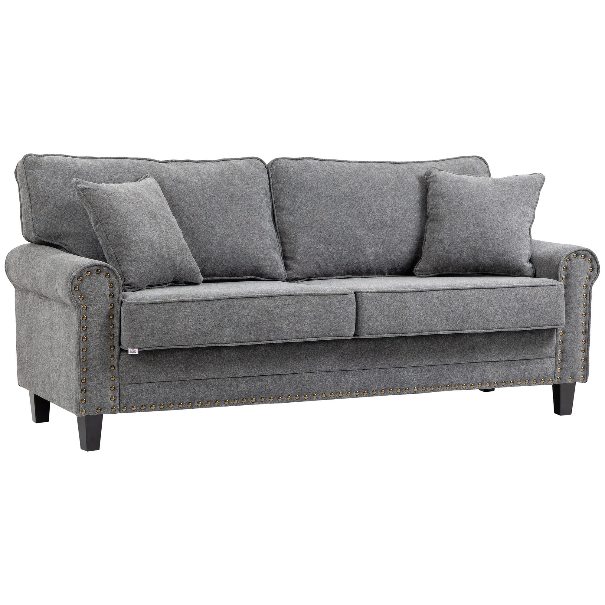 HOMCOM Sofá de 3 Plazas Sofá de Salón Estilo Moderno 196x80,5x89 cm Gris | Tapizado en Poliéster, con 2 Cojines, Ribete de Cabeza de Clavo, Patas de Madera de Caucho