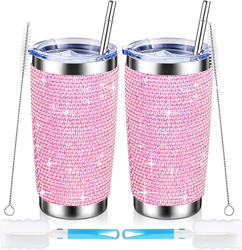 Miniatura 1 de 2 vasos de diamantes de imitación con tapa y pajita, botellas de agua con purpurina de 20 onzas, acero inoxidable aislado al vacío, taza de café