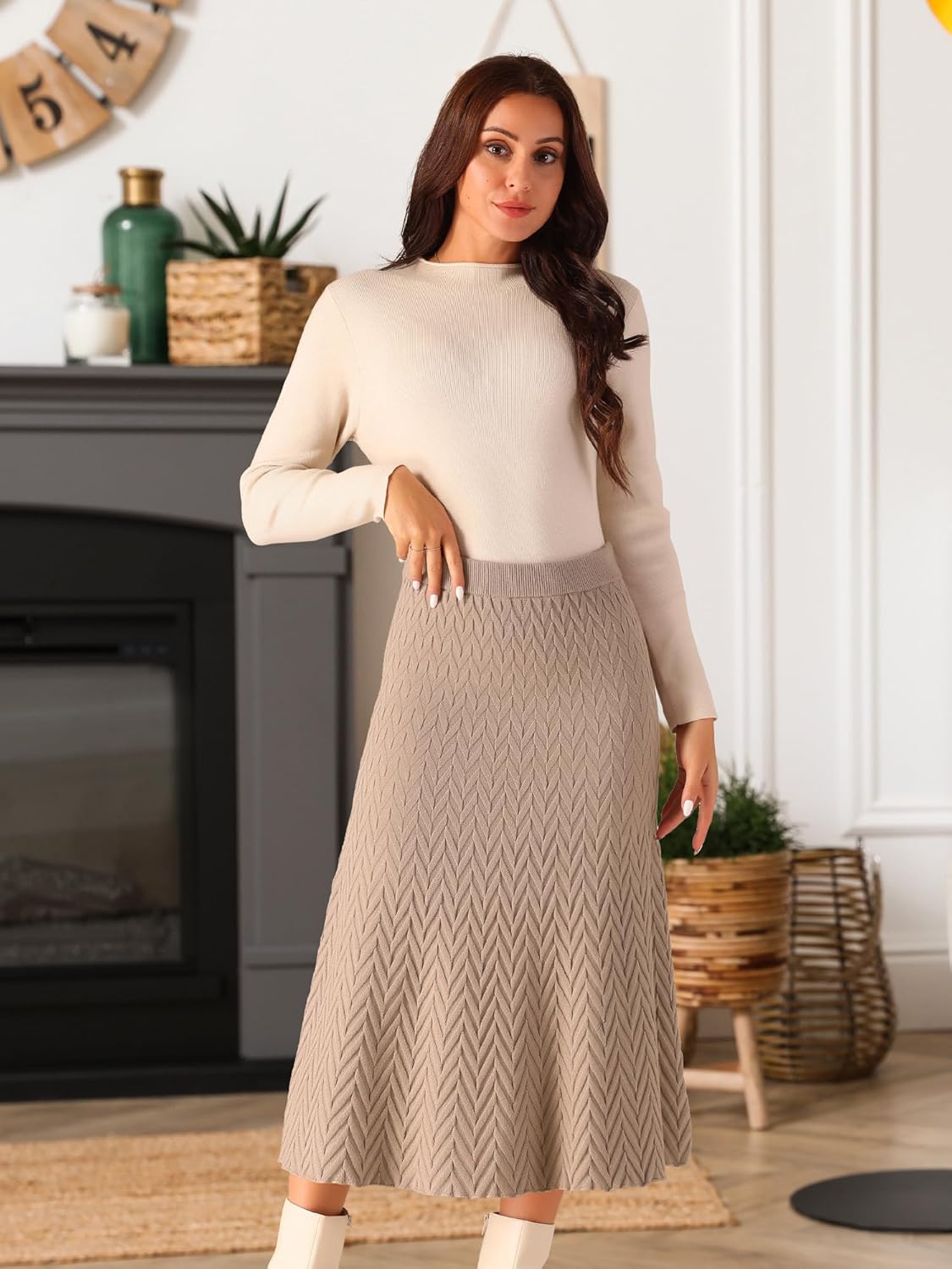 Seta T Women's Ribbed Knit A-Line Skirts Elastic High Waist Stretchy Sweater Midi Skirt - Image 4