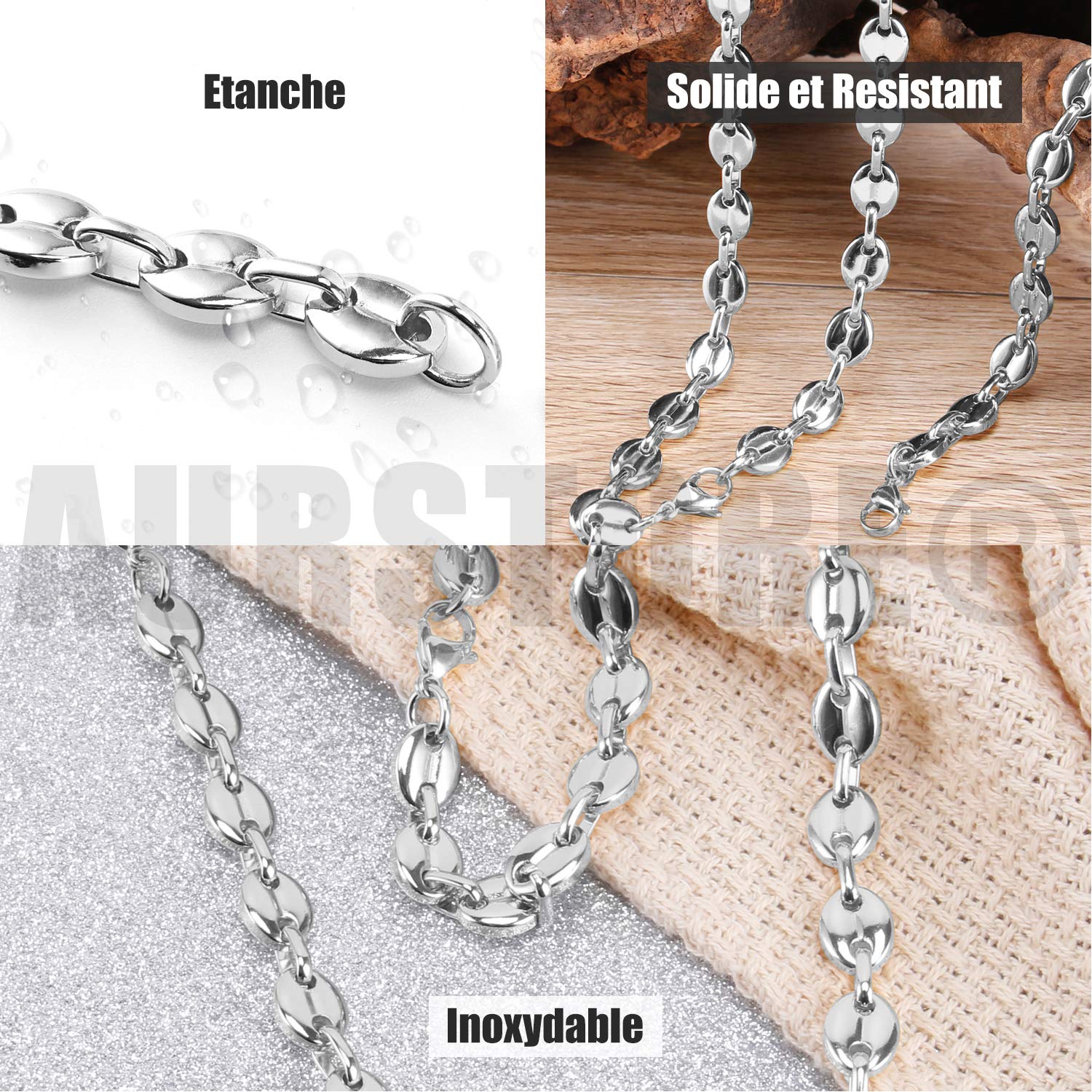 AURSTORE Parure Bracelet ET Chaine Homme Acier INOX Massif Grain DEà café Taille Couleurs AU Choix (6mm, Argenté)