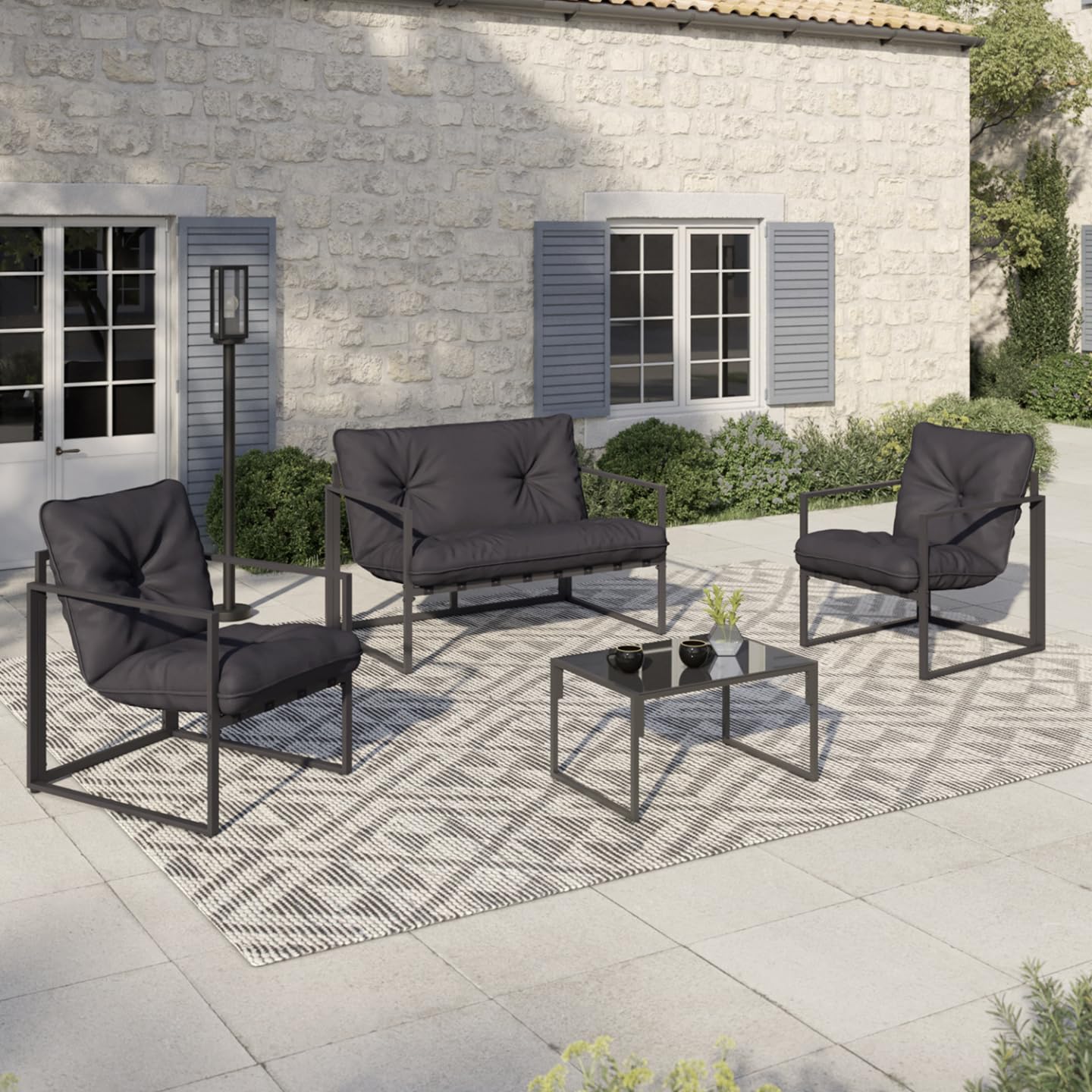 IDMarket - Salón de jardín bajo Nairobi 4 plazas de acero gris antracita