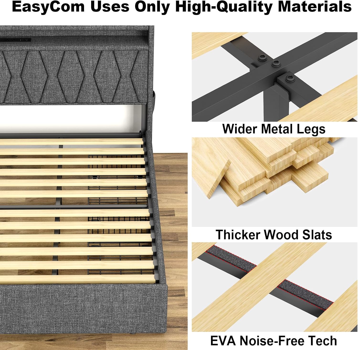 Queen Bed Frame with 4 Storage Drawers, Upholstered Platform Queen Size Bed Frame with Headboard, LED Light and Charging Station, Wooden Slats Support, No Box Spring Needed, Noise Free, Easy Assembly