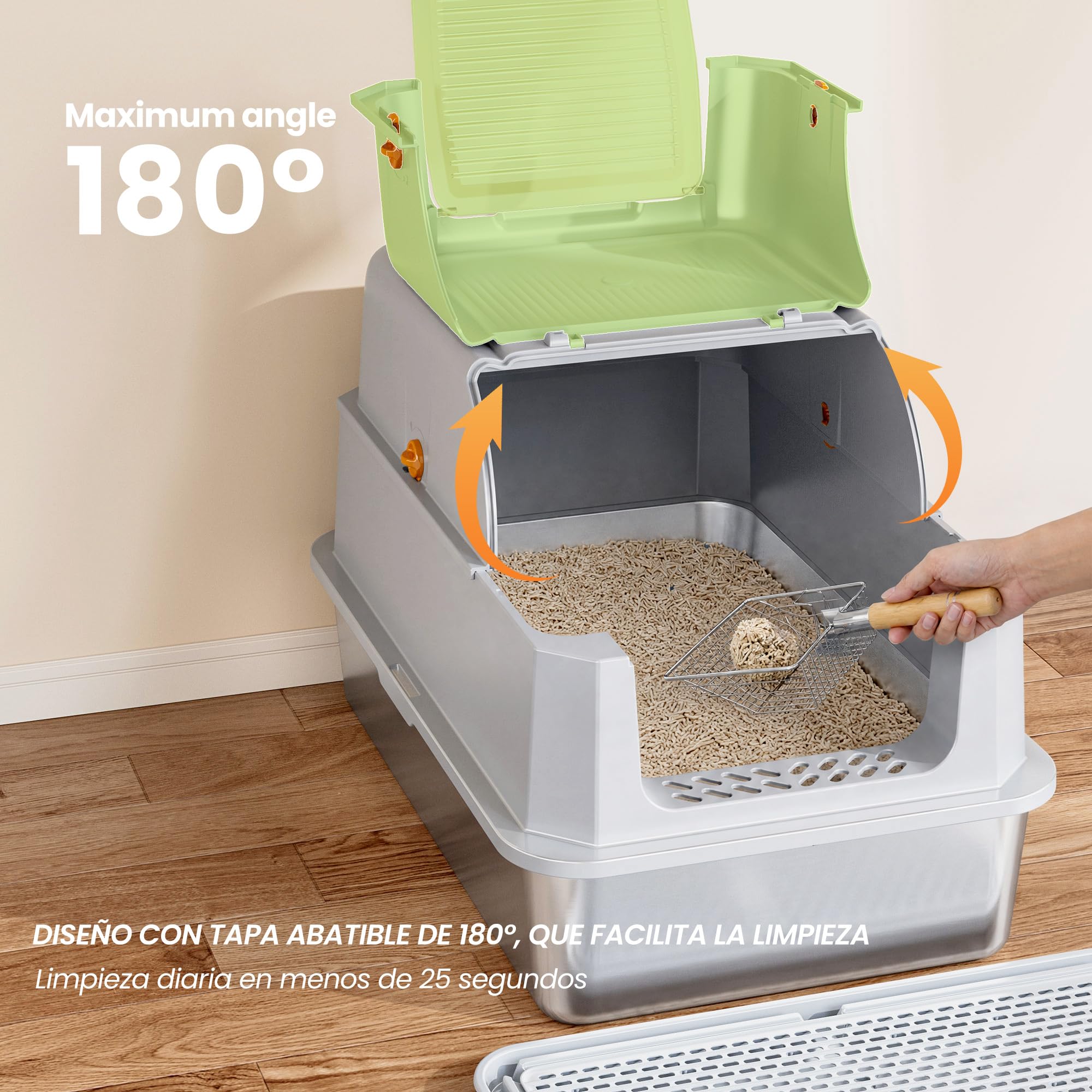 XXL Arenero Gato Cubierto de Acero Inoxidable– 3-en-1 Arenero Cerrado para Gatos con Tapa, con Filtro de Carbón Activo, Tapa Abatible 180°, Pala Metálica, Tapete, Antifugas, Sin Olores