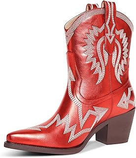 Western Boots for Women Metallic Embroidered Pointed Toe Cowgirl Boots Chunky Heel Pull-On Short Cowboy Boots Wide Calf Country Ankle Boots - Buy now