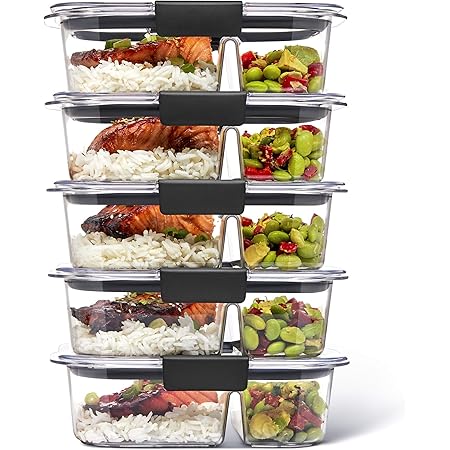 Rubbermaid Brilliance BPA Free Food Storage Containers with Lids, Airtight, for Lunch, Meal Prep, and Leftovers, 2 Compartments, Set of 5 (2.85 Cup)