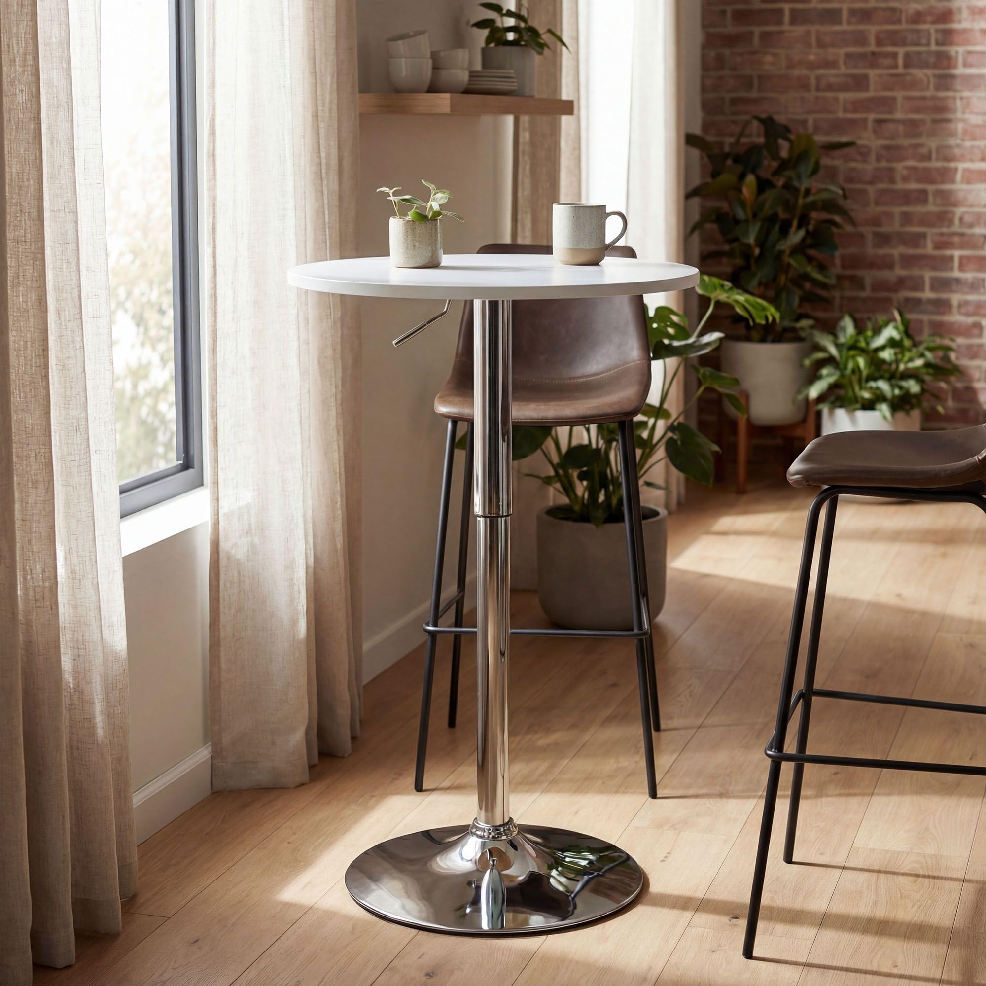 CLP Stehtisch rund 60cm Lamoni, Bartisch stufenlos höhenverstellbar, 360° drehbar, Bistrotisch mit stabilem Metallgestell und Bodenschutz, Farbe:weiß, Form:rund