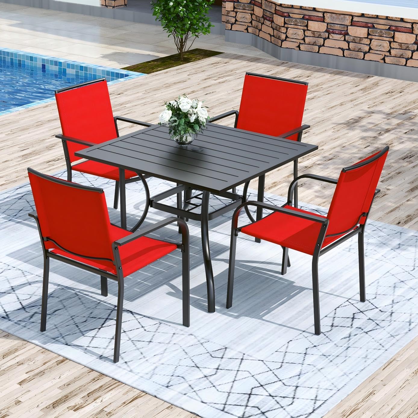 Anmutig 5 Piece Patio Dining Set, 35" Square Table &amp; Stackable Chairs Red