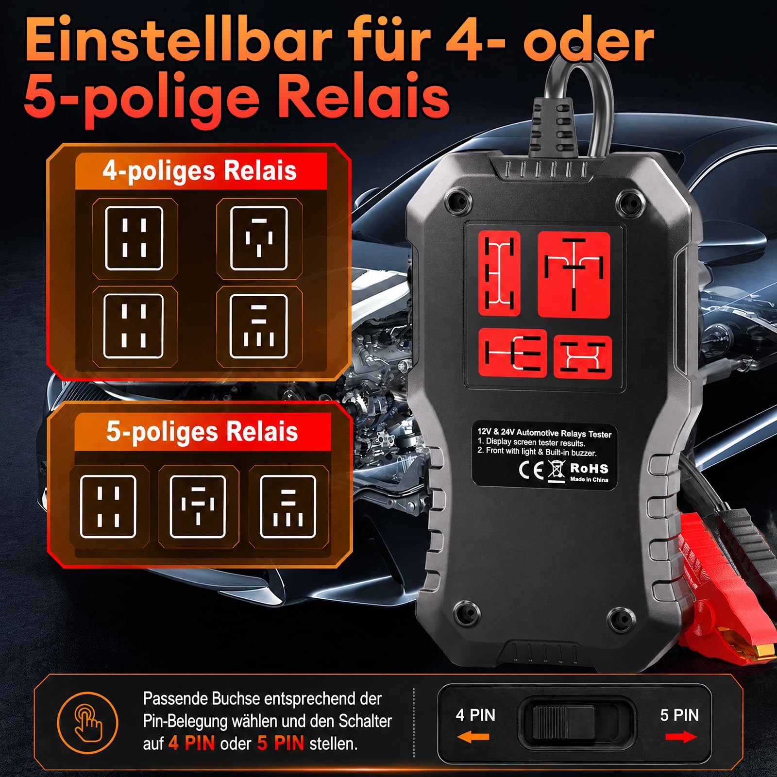 Autobatterie Tester 6V 12V 24V, 2-in-1 Kfz Batterietester 10-2000 CCA mit 12V/24V 4/5-Pin-Relaistester, Batterie Tester, Start- und Ladesystemtest für PKW, LKW, Motorrad und Wohnmobil.