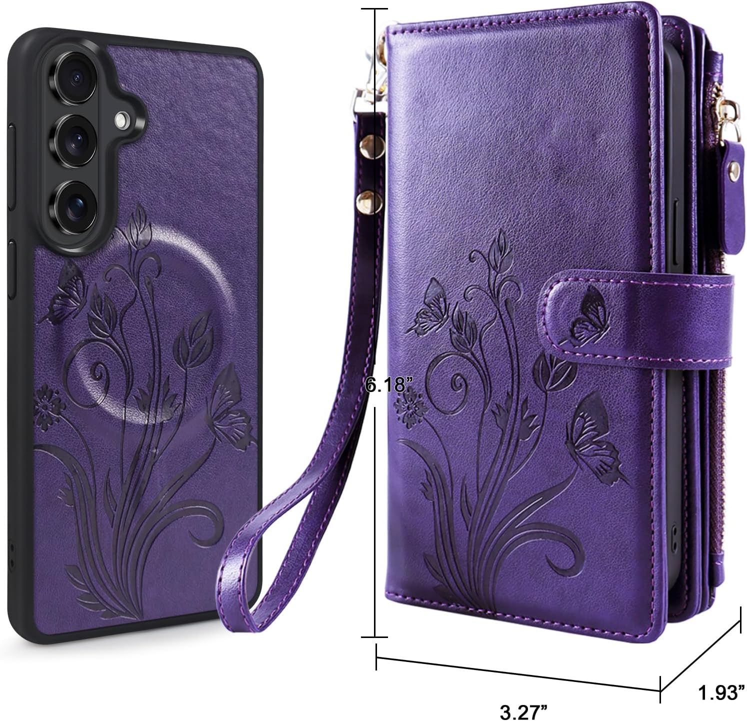 for Samsung Galaxy S26 Wallet Case,Compatible with MagSafe 2 in 1 Magnetic Detachable PU Leather Cover with RFID Blocking, Card Holder, Zipper,Wrist Strap,Floral Purple
