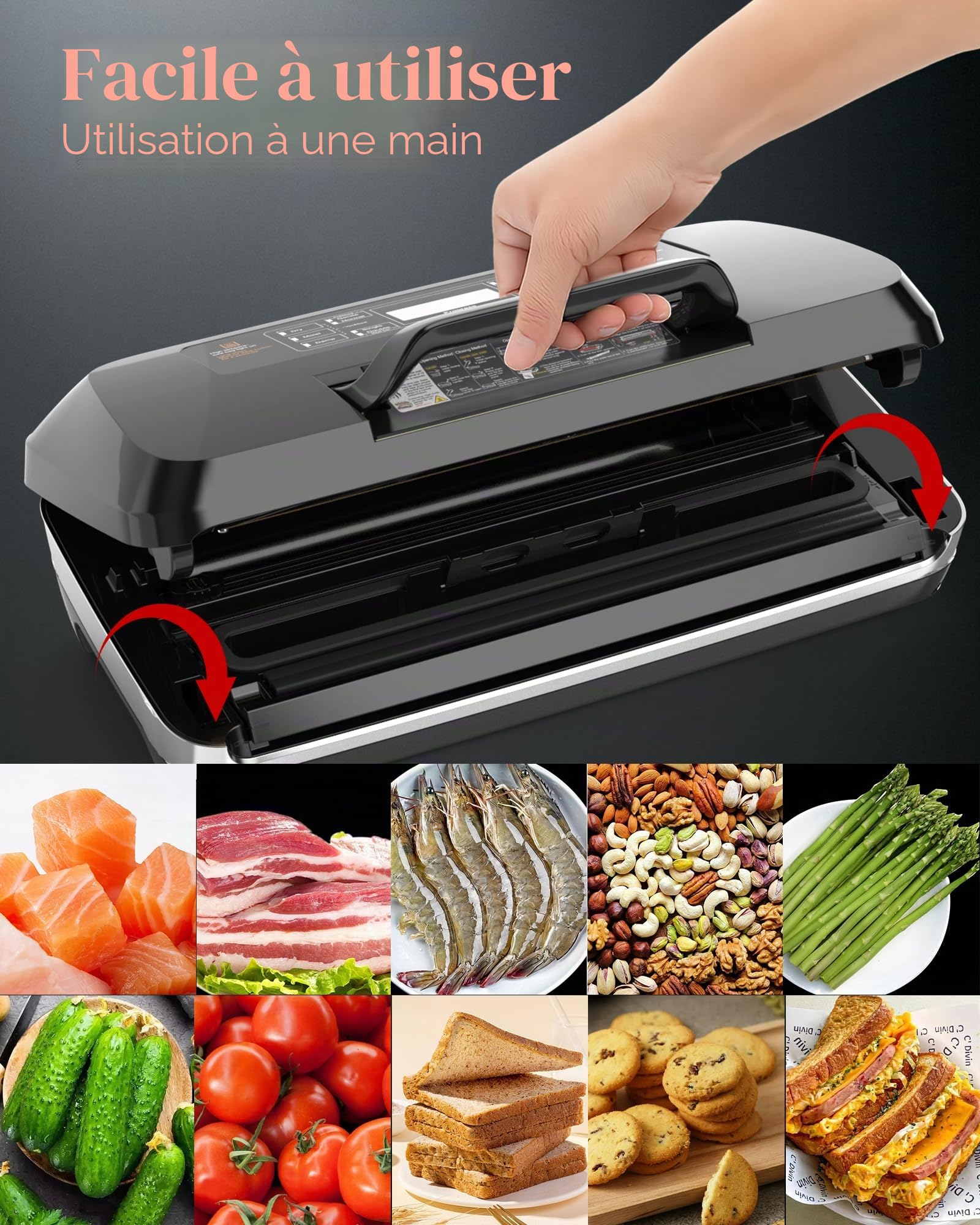 Machine à Emballer sous Vide 95 kPa pour Aliments, 12 en 1 avec Double Scellage à Chaud, Double Soudure, Cutter Intégré et Stockage de Sacs, Bac d'Égouttement