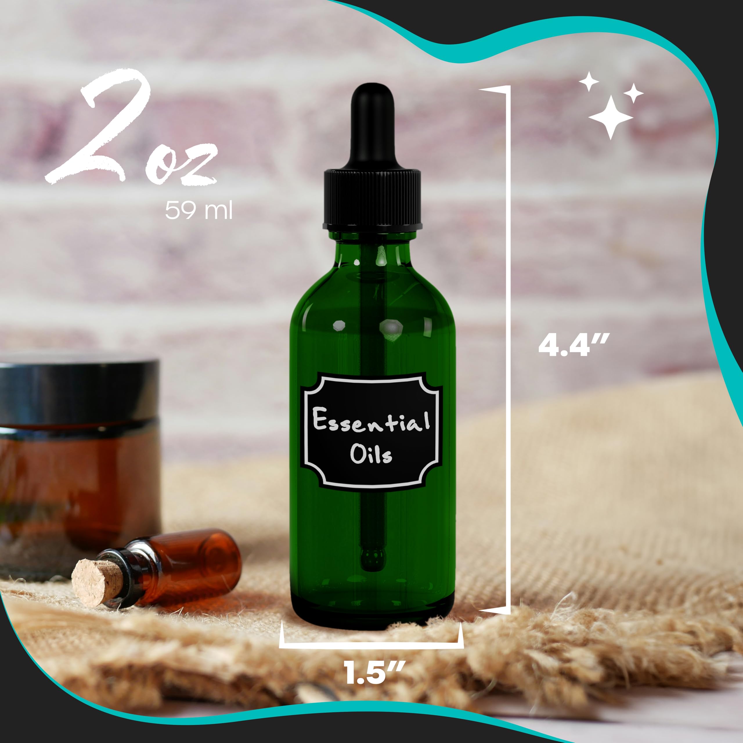 Nevlers 24 botellas cuentagotas de vidrio verde de 2 onzas, botella de vidrio pequeña de succión firme sin fugas con cuentagotas versátil, botellas de tintura, botella cuentagotas de medicamentos,