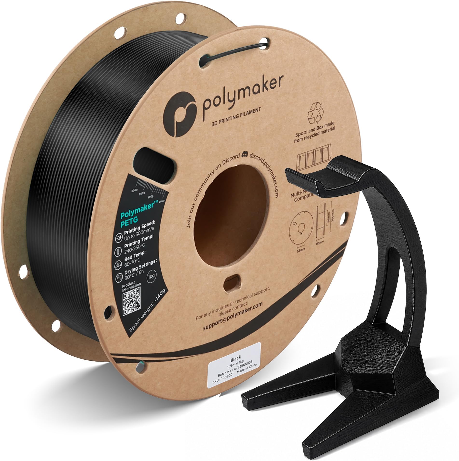 Polymaker PETG Black 3D Printer Filament 1.75mm 1kg, High Speed PETG up to 300mm/s, High Strength New Formula, Excellent Layer Adhesion, Warp Free, Compatible with Most 3D Printers