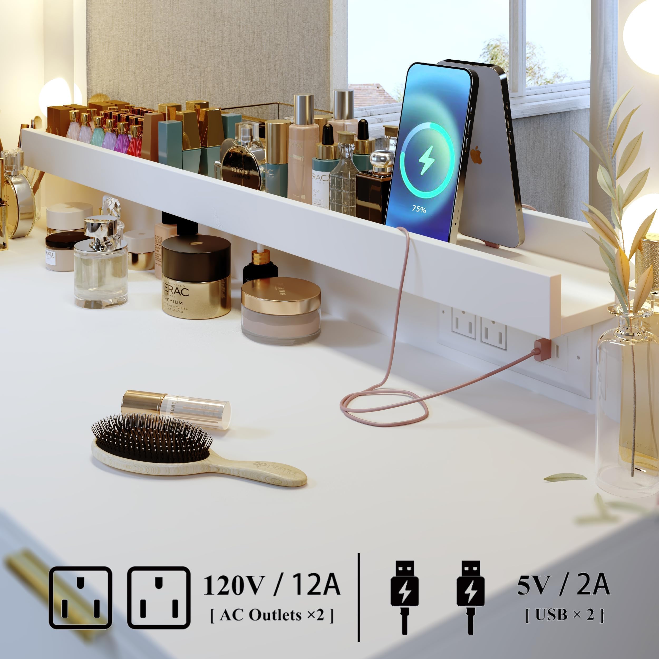 Scrivania da trucco oderna con specchio a LED e cassetti portaoggetti