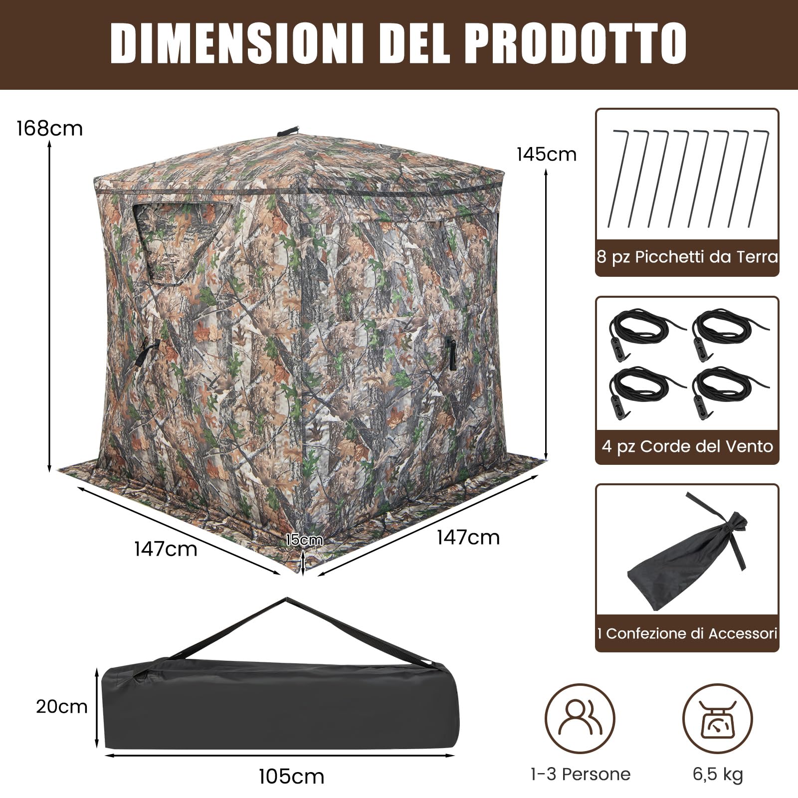 GYMAX Tenda da Caccia, Tenda Portatile e Pieghevole per 2-3 Persone con Vista a 270 Gradi, 8 Robusti Picchetti per Terreni, 4 Corde di Ancoraggio, Sacca Portaoggetti, 147 x 147 x 168 cm