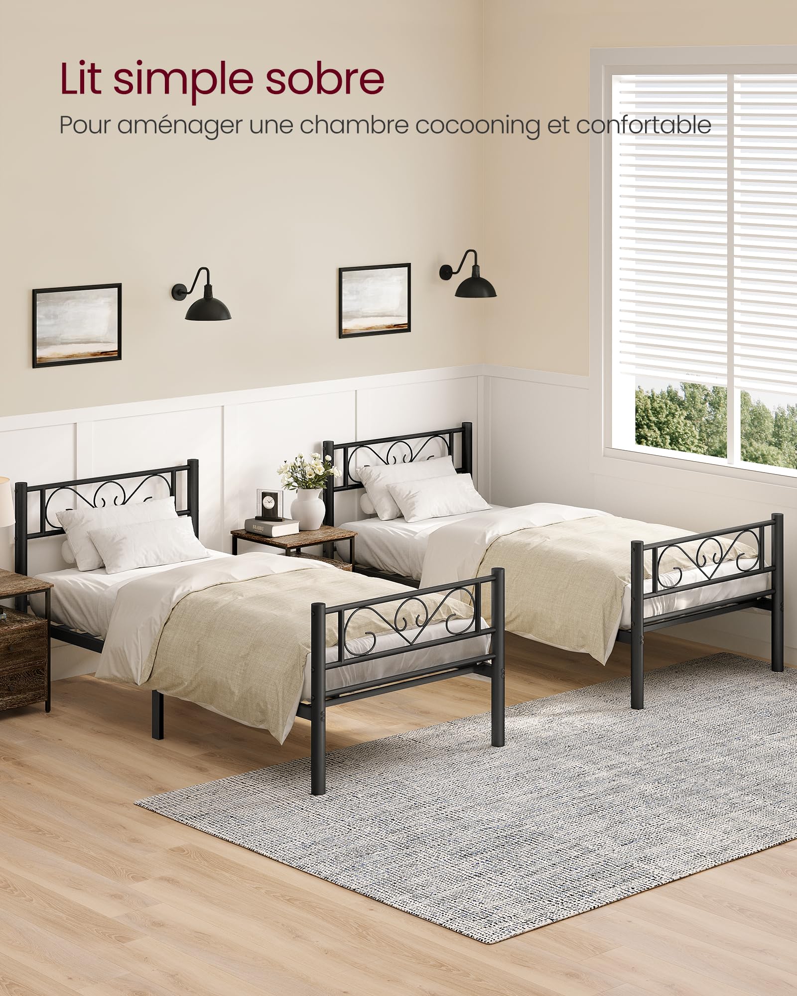 VASAGLE Cadre de Lit 90 x 190 avec Sommier Métal, Lit 1 Personne, en Métal, Montage Facile, pour Petits Espaces, Chambre d’Amis, Chambre Ado, Noir d'encre RMB061B01