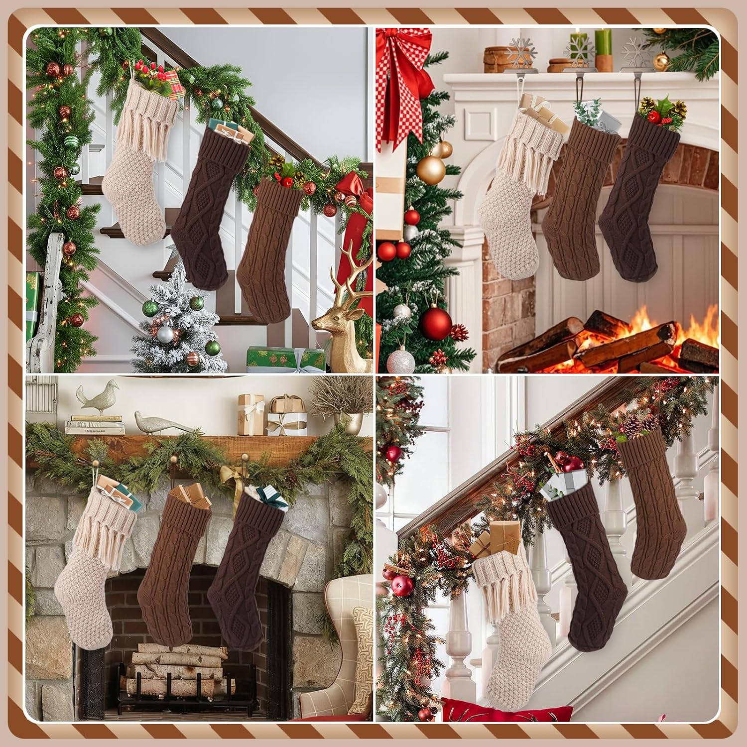 steo spce 3 Pack Farmhouse Christmas Stockings – Large 18” Rustic Boho Vintage Cable Knit Holiday Stockings in Brown and White Neutral Tones for Fireplace Mantel Hanging Family Décor