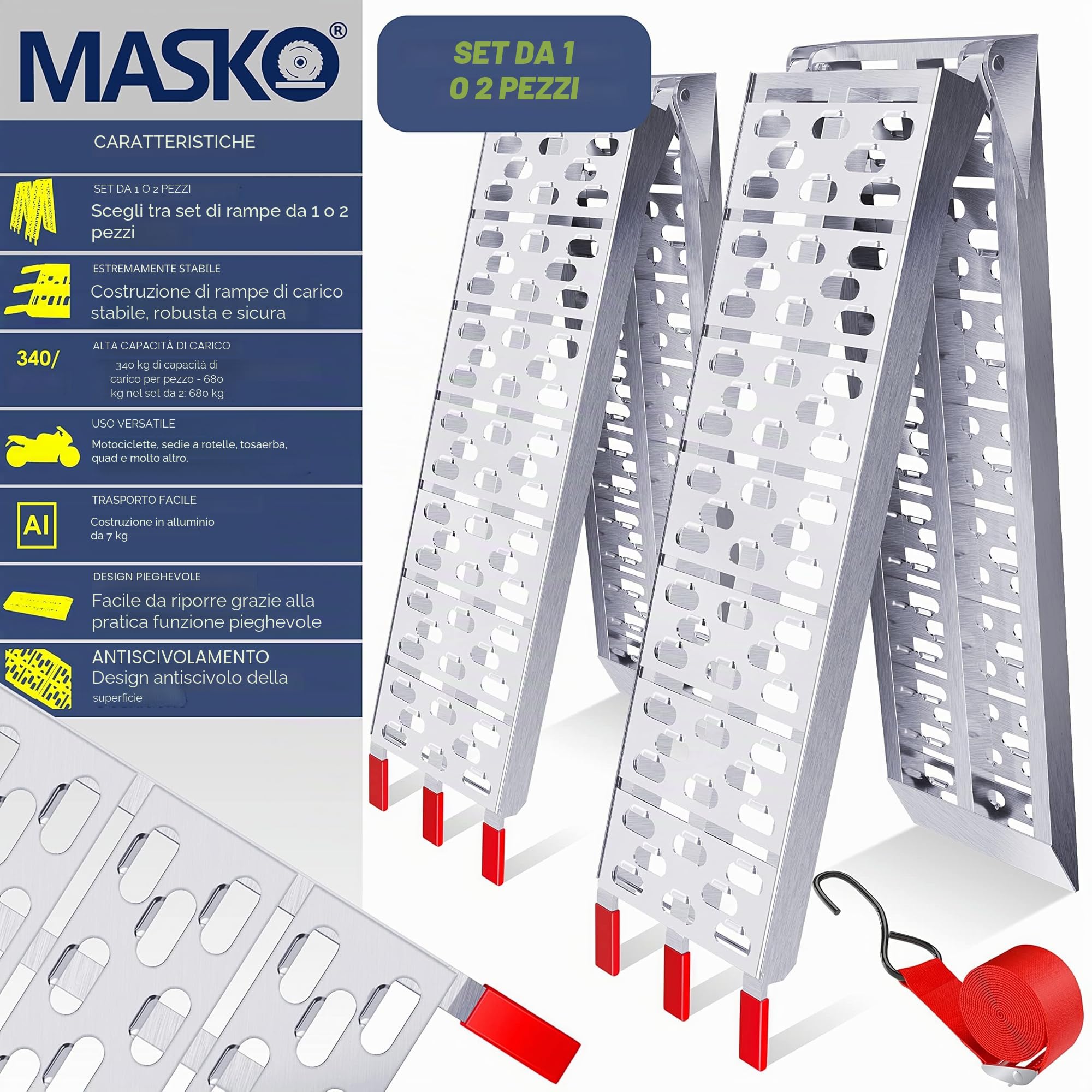 MASKO® Rampa 340kg Rampa di carico ALU pieghevole Rampa di carico Antiscivolo Pieghevole max. 340kg* per pezzo, Rampa di carico moto ATV Quad Car Car
