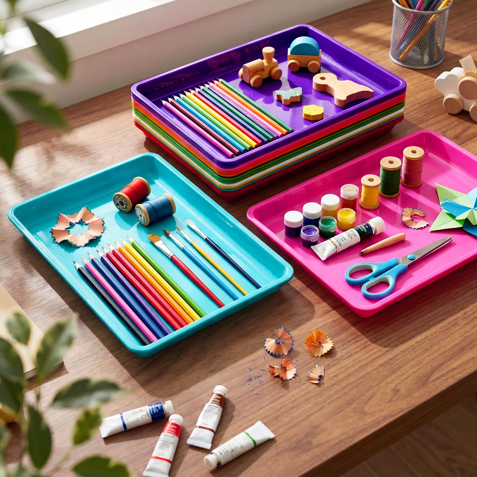 Maitys Flache Kunststoff-Tabletts, 40 x 30 cm, sensorische Aufbewahrung, Papierablage, stapelbar, Klassenzimmer, für Büro, Zuhause, Organizer, Bastelbedarf, 15 Stück (lebendige Farben)