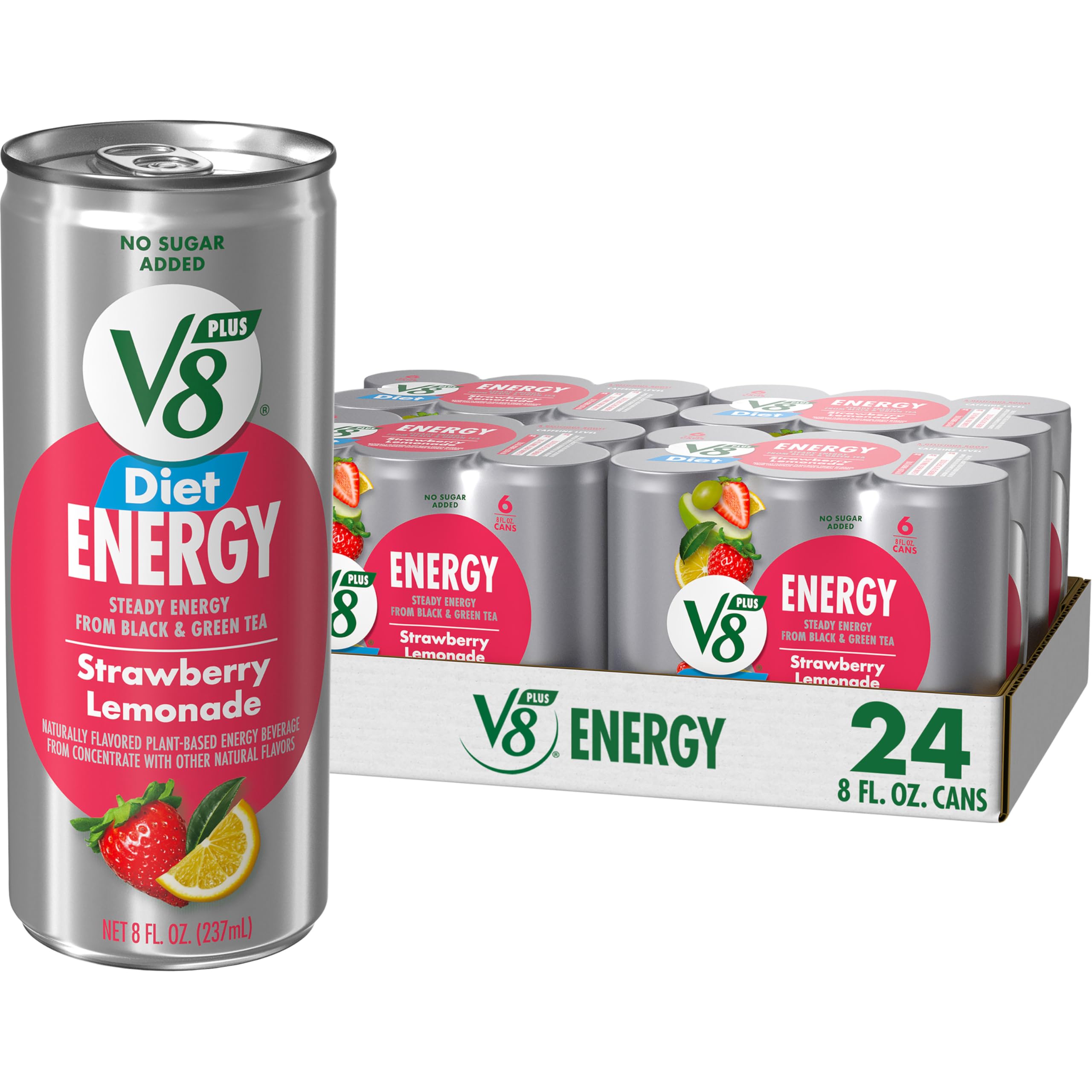 V8Energy Diet Strawberry Lemonade Juice Energy Drink, 8 fl oz Can (6 Pack) (Case of 4)