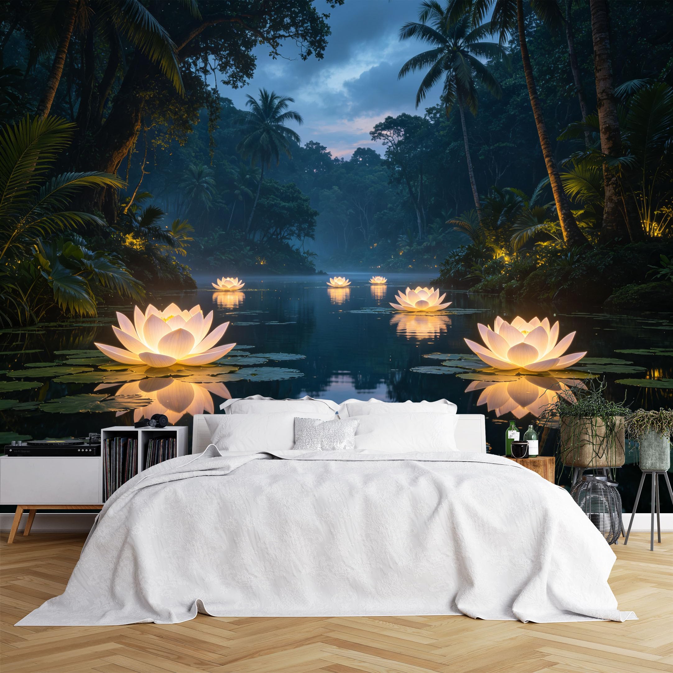 Lcythiazole Ch260615226 Custom Size Wall Murals Tropical Night Glowing Lotus Lake Wall Stickers Self-Adhesive Wall Fabric (No Pvc) Removable Wallpaper For Living Room Bedroom