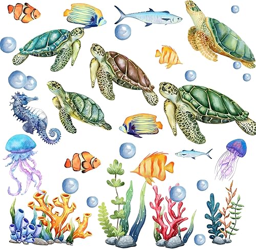 Calcomanías de pared bajo el mar, tortuga marina, hierba oceánica, burbujas de medusas, caballito de mar, burbujas de medusas extraíbles, vinilo