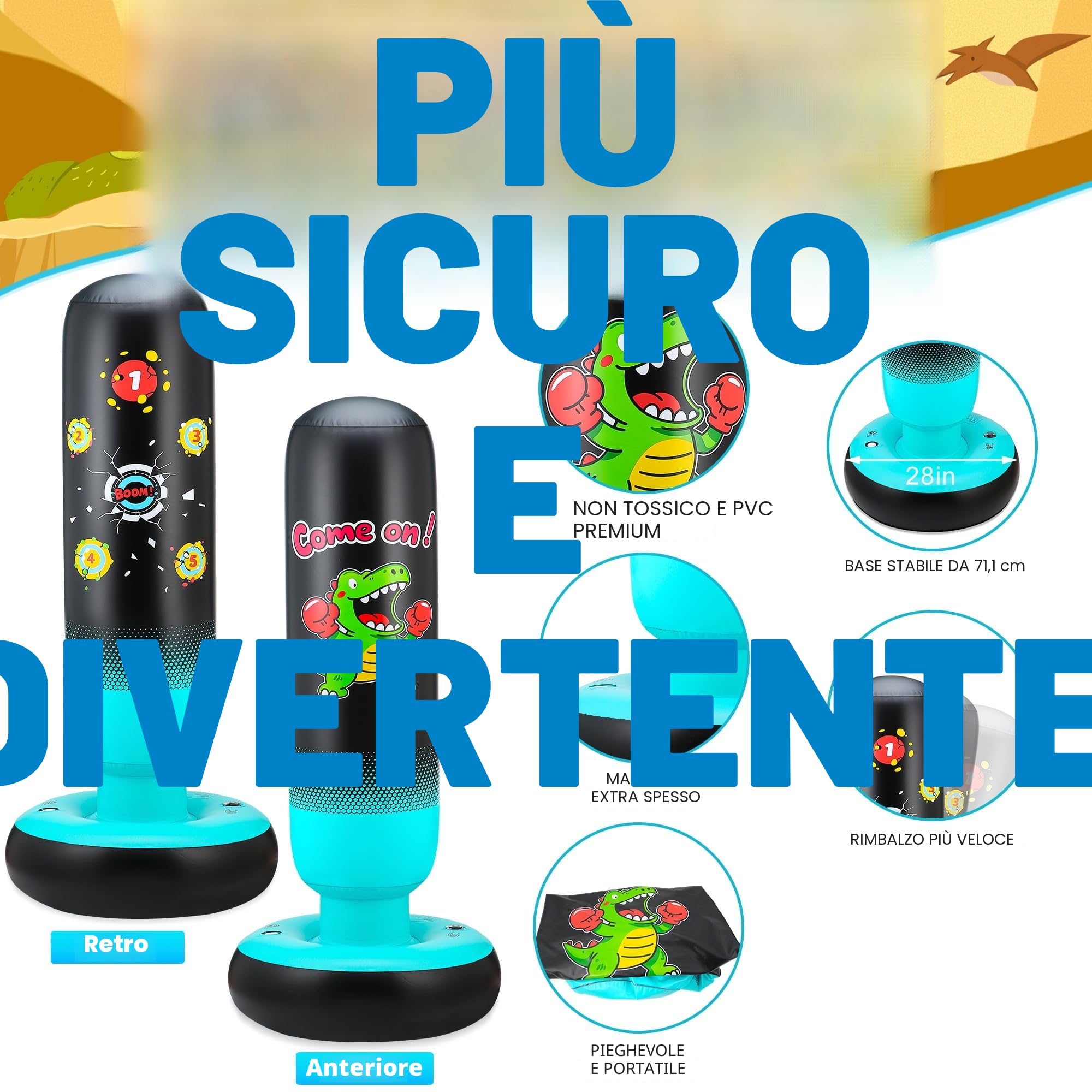 Sacco da Boxe Bambini con Guantoni da Boxe e Pompa 165cm Più Grandi e Stabili Dinosauri & Bersaglio da Colpire 2 in 1 Gonfiabile Sacco da Boxe da Terra Regali per Bambini Bambine 3-12 Anni