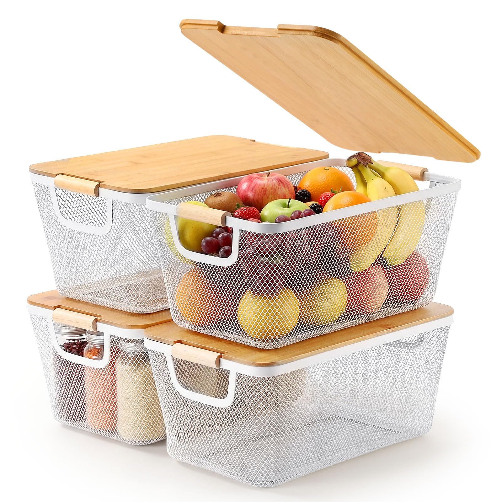 Cestas de alambre para despensa y cocina con elegantes tapas de bambú organizador blanco 4 uds