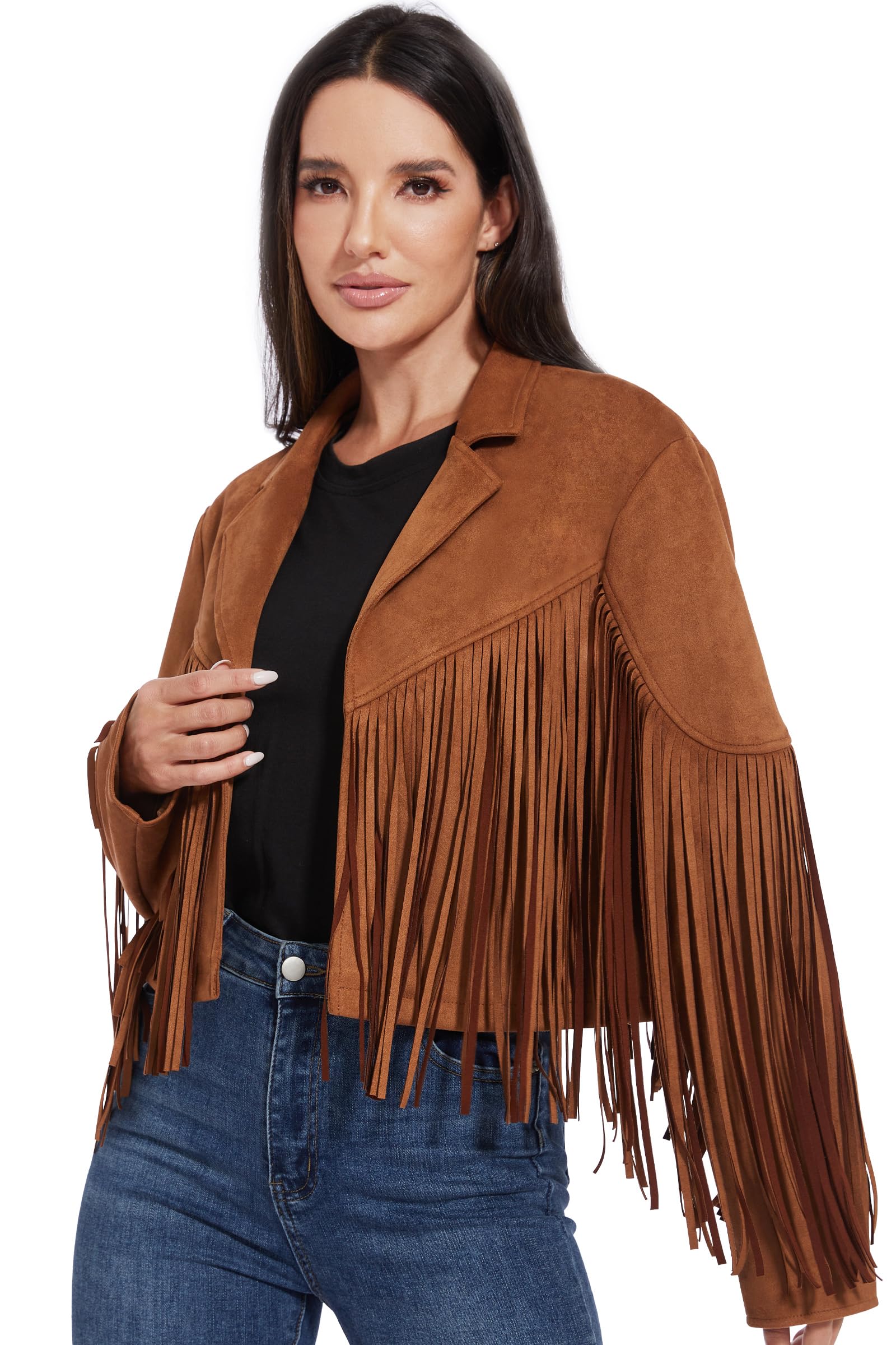 Fahsyee Damen Kunstleder Wildlederimitat Jacke Cowgirl Mantel | Cropped Western Outfit mit fransen Vegan für Country-Konzert