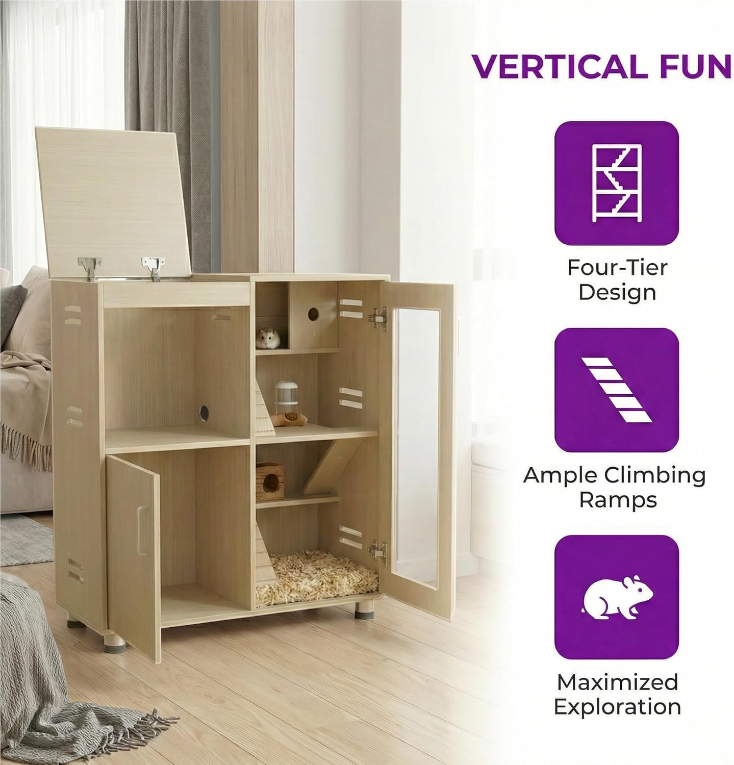 Hamster Cage with Storage Cabinet, 4-Tier Large Guinea Pig Cage, Small Animal Habitat with Acrylic Panels Window and Openable Top, Suitable for Chinchillas, (Teak, Large)