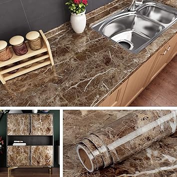 VETMOC 60cm X 200cm Kitchen cabinets Marble Wallpaper Oil Proof Waterproof Floor Tiles Stickers Waterproof Wall Paper for Home and Kitchen Decor (Brown)(Pack of 1)